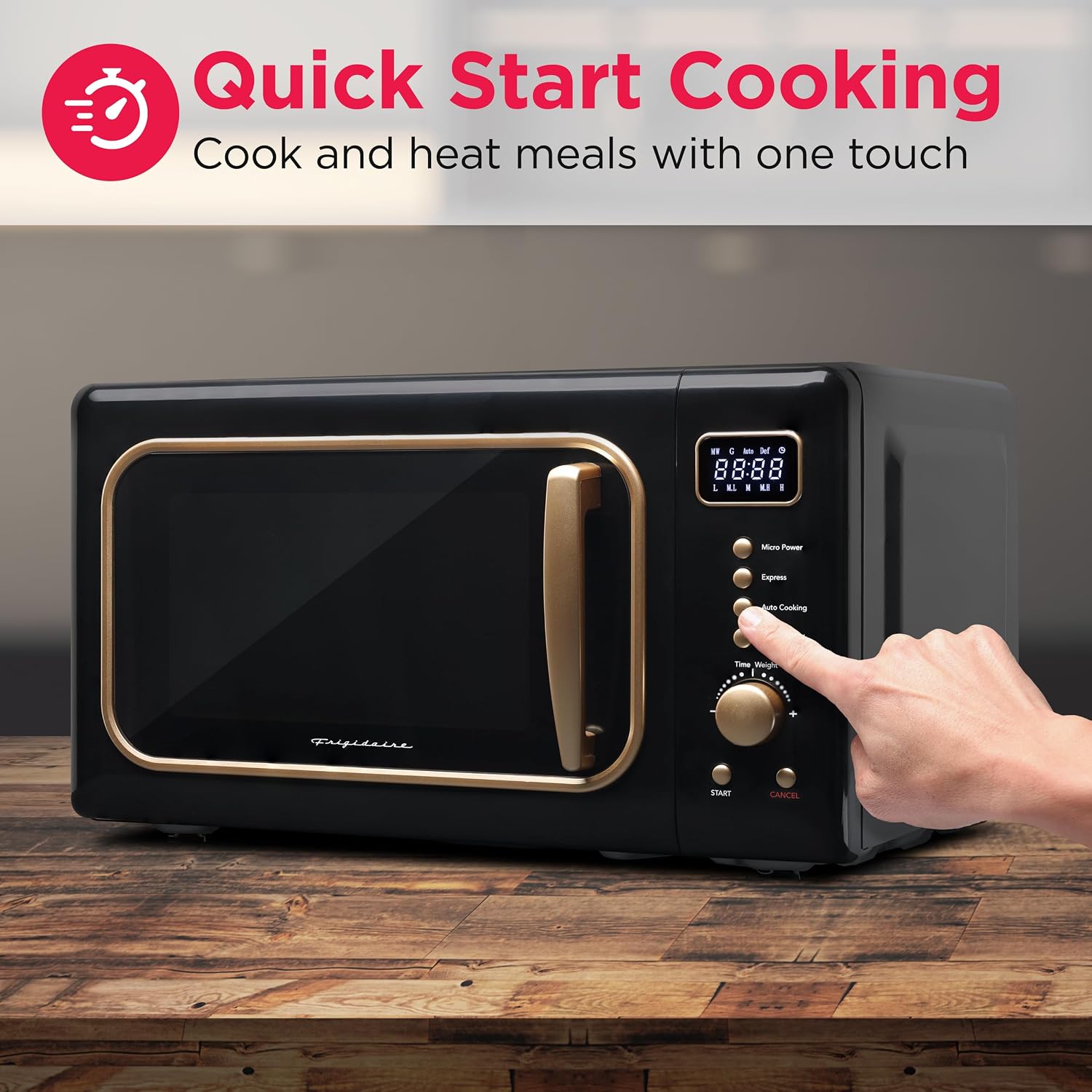 Frigidaire, 0.7 CuFt. Retro Countertop Microwave Oven, 700W Compact Microwave with 8 Auto Cook Menus, Auto Defrost, 5 Power Levels, LED Display, Glass Turntable, Black Gold