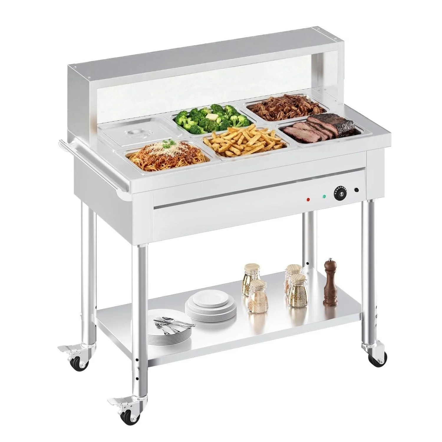 AECOJOY Commercial Food Warmer 1500W Electric Steam Table with 6x10QT Pans & Shelf