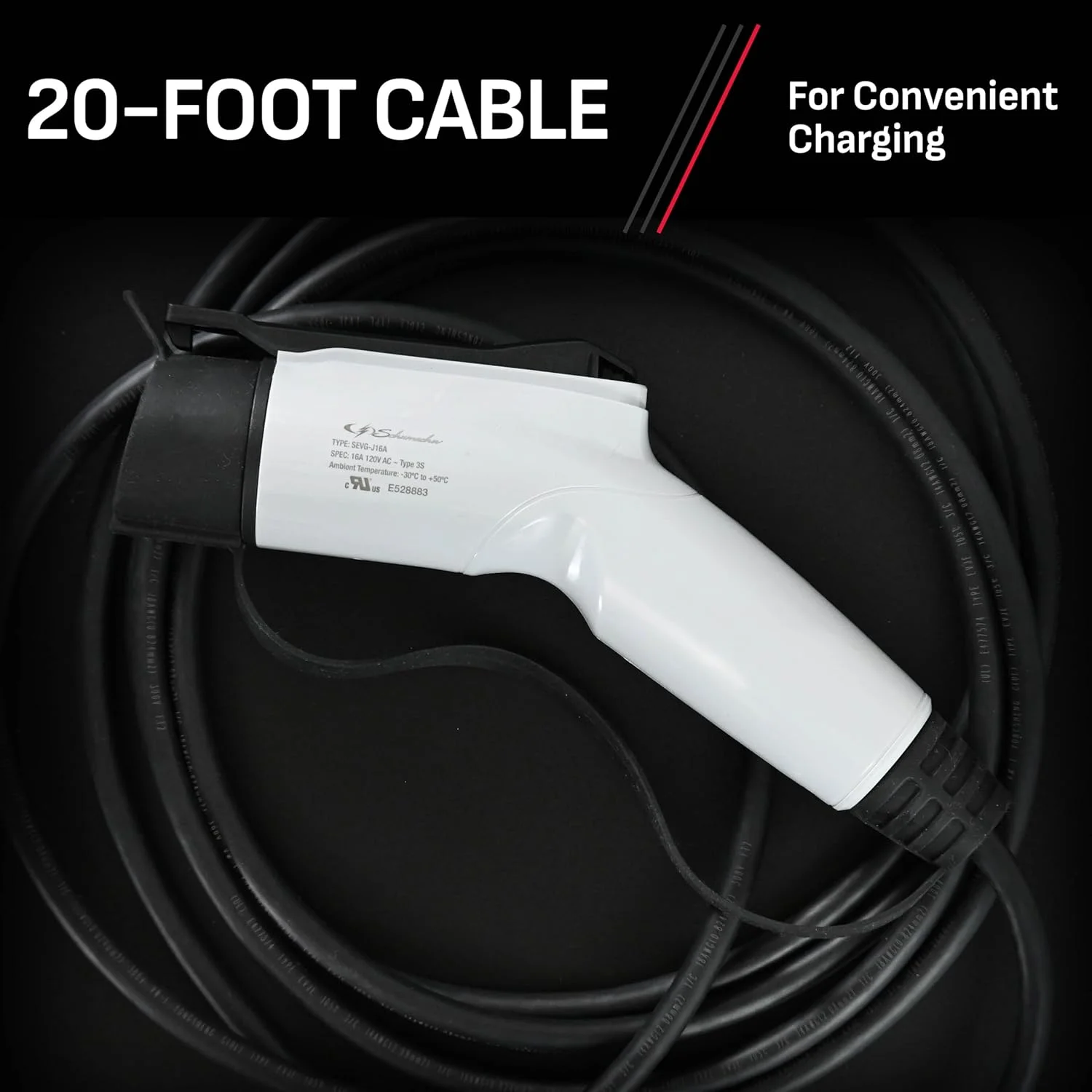 Schumacher Electric Level 1 Portable EV Charger with J1772 Connector, SEV1670, NEMA 5 - 15P Plug, 20 - Foot Charging Cable, 12 Amps, 120 Volts, Gray, 1 Unit