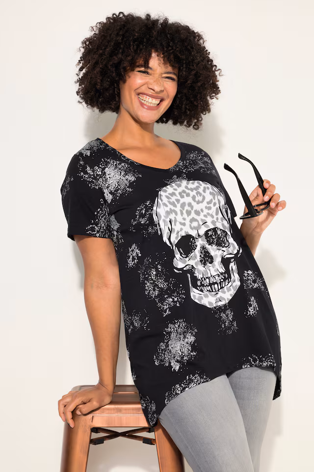 Half-Sleeve V-Neck Leopard Print Skull T-Shirt
