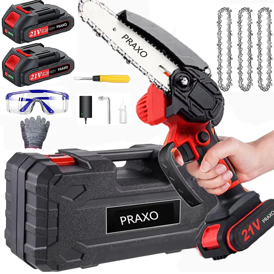 PRAXO Mini Chainsaw, 6-Inch Electric Chainsaw Cordless with 2 Batteries and 3 Chains, Upgraded Portable Handheld Chain saw for Wood Cutting, Tree Trimming, Courtyard, Garden