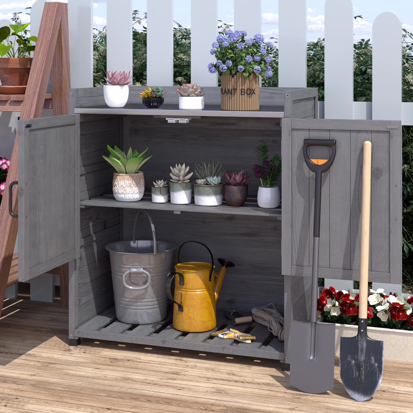YODOLLA Potting Bench, Wooden Outdoor Storage Cabinet with Adjustable Shelf, Patio Storage with Metal Tabletop, Potting Table for Garden, Patio and Lawns, Gray