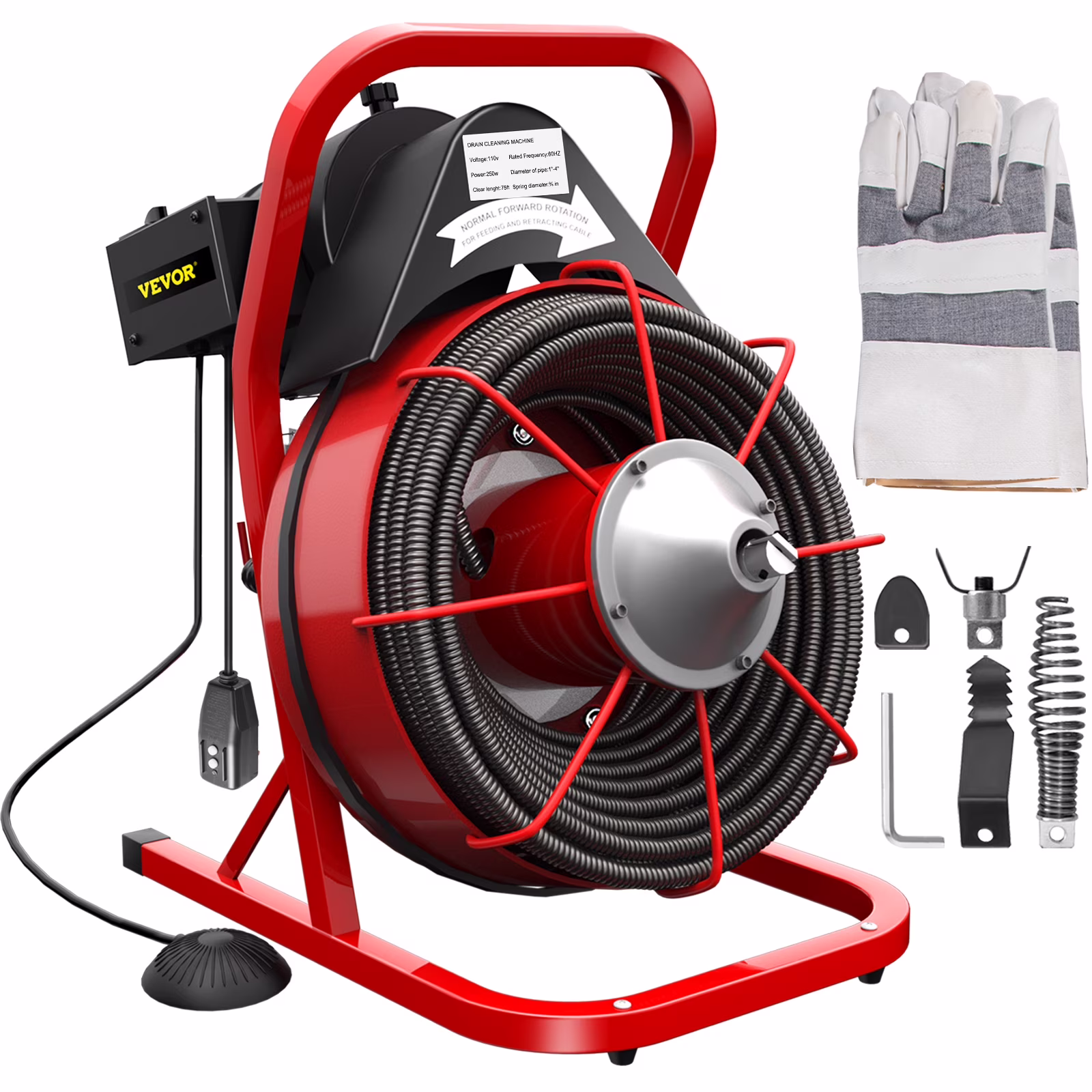 Drain Cleaning Machine 75ft x 3/8 in Drain Cleaner Machines 250W Electric Drain Auger for 1" to 4" Pipes Electric Drain Snake Sewer Snake Drill w/ Cutters Glove(75ft x 3/8")