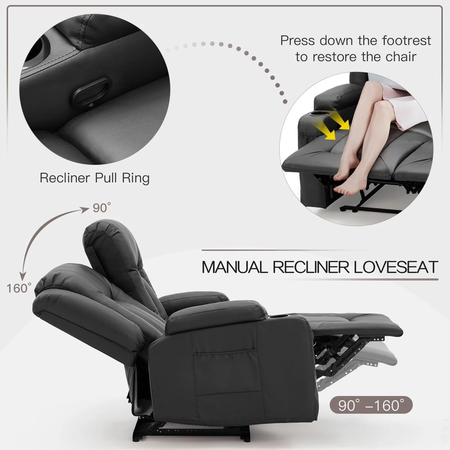 AECOJOY Loveseat Recliner with Cup Holders&Side Pockets, Black, 2