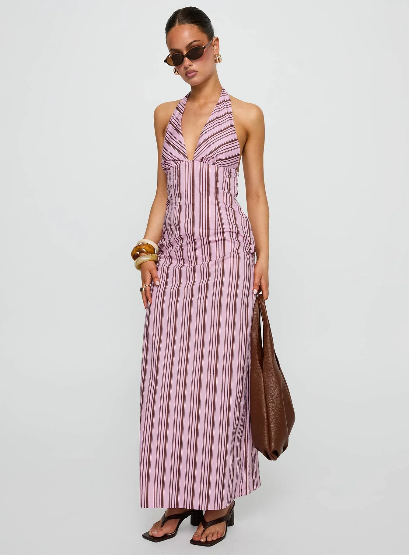 Avrie Halter Maxi Dress Pink Brown Stripe