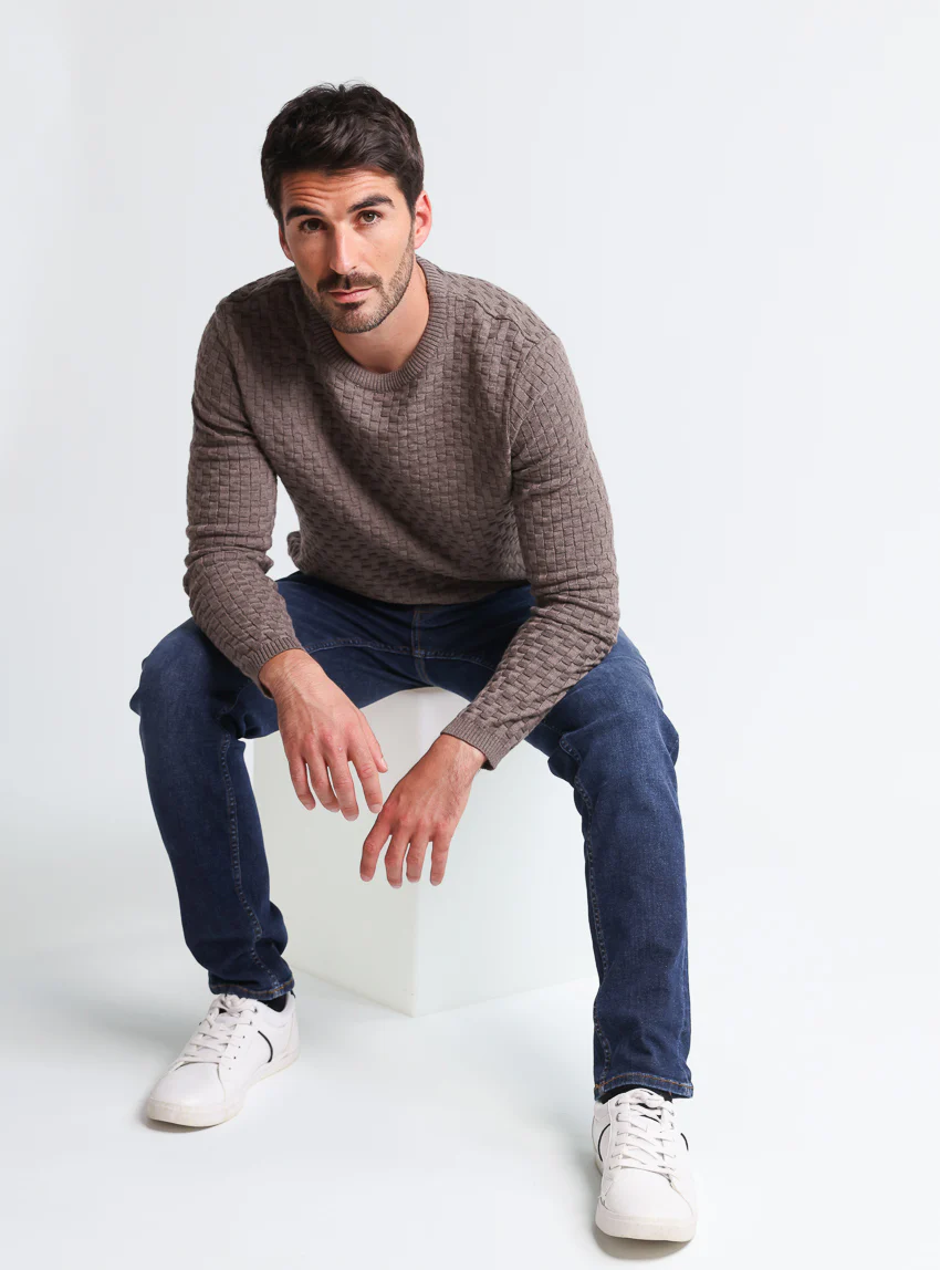 Pull homme damier en laine beige taupe