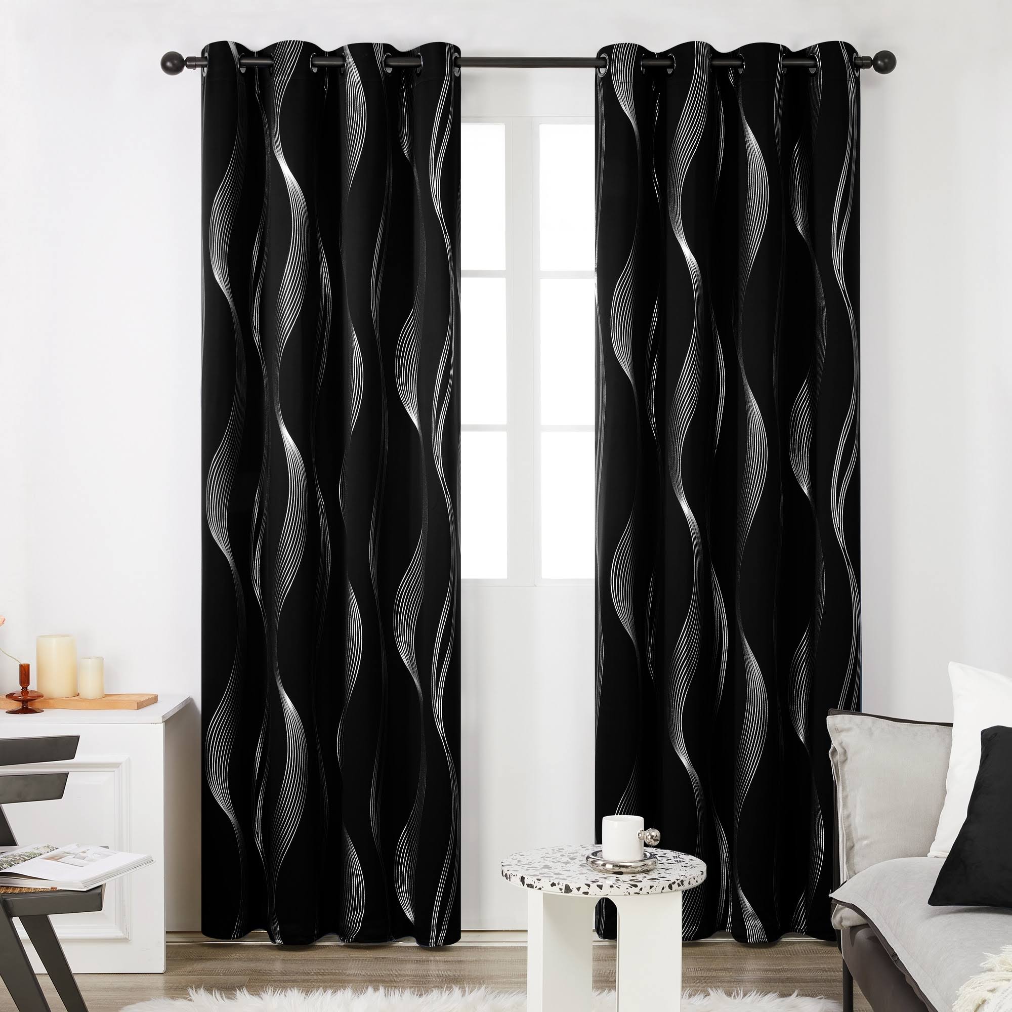 Deconovo Thermal Insulated Room Darkening Black Blackout Curtains with Silver Stripe Pattern, Grommet Curtains for Living Room, 2 Panels, 52 by 84 in