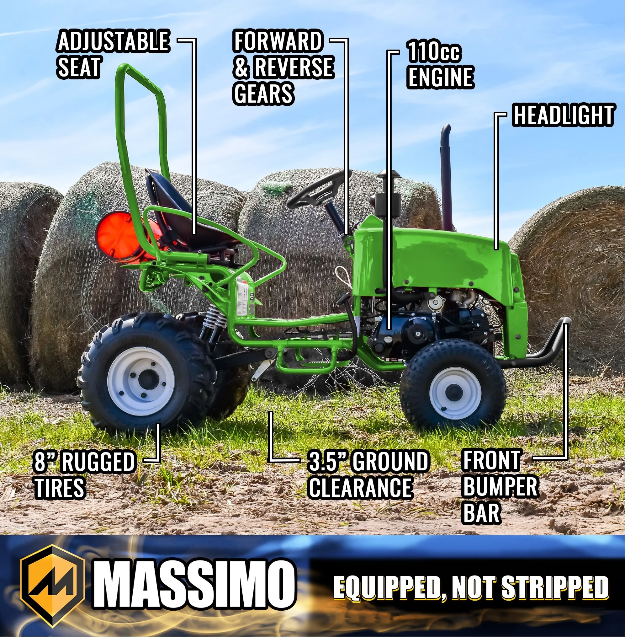 Mini Tractor 110cc 2WD Gas Go Kart �C Kids Youth Ride-On Utility Vehicle �C Green(Green) - Image 8