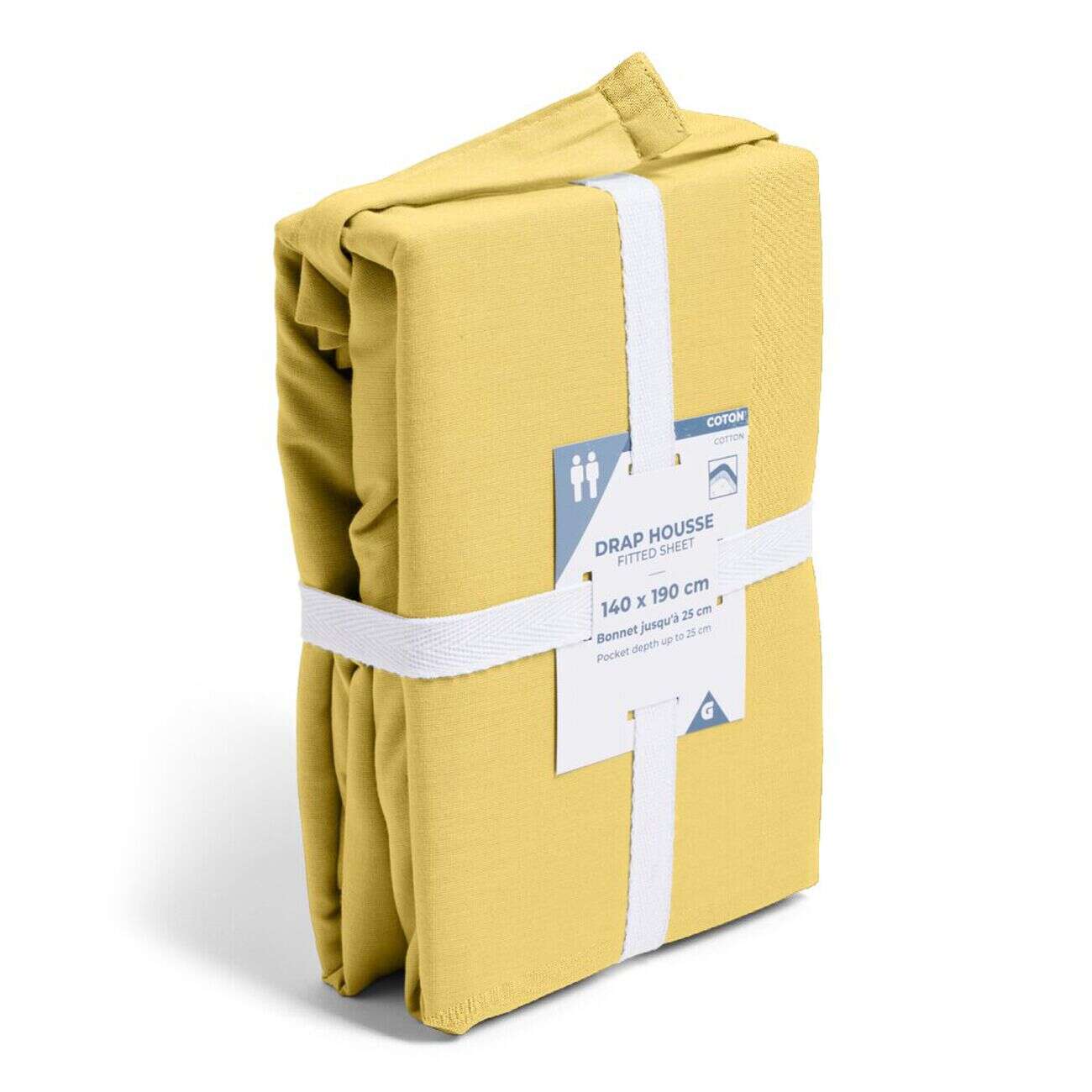 Drap housse 160x200cm 100% coton jaune moutarde