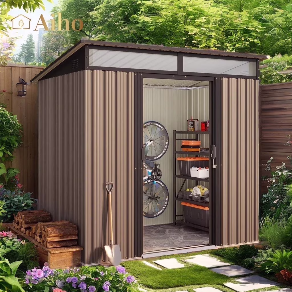 Aiho 6x4 FT Metal Storage Shed, Sheds & Outdoor Storage with Sliding Doors, Galvanized Steel Garden Shed for Bike Storage, Tool Storage - Brown