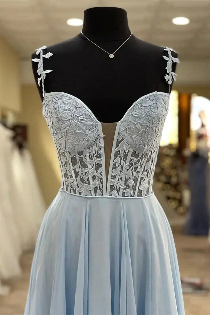 Elegant A Line Chiffon Blue Long Prom Dresses with Sheer Lace Bodice DMP159