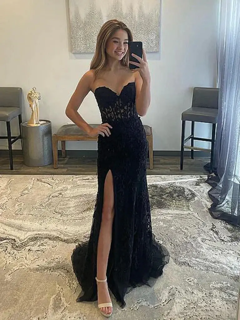 Strapless Mermaid Black Lace Long Prom Dresses, Formal Evening Dresses DM1900