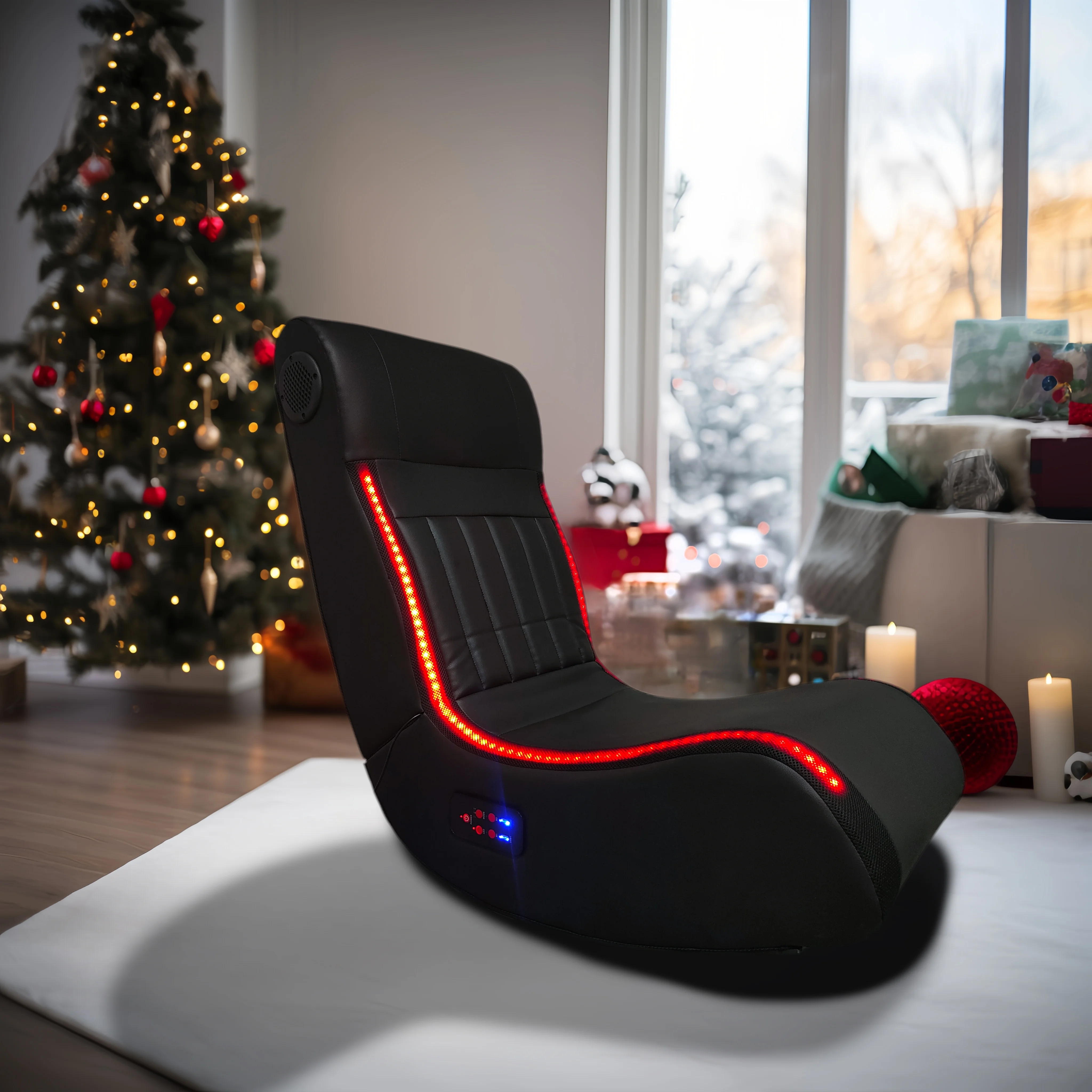 Foldable Gaming Chair with Onboard Speakers, LED Strip Lighting, Bluetooth Music Speakers, Vibration Massage, USB Charging Port