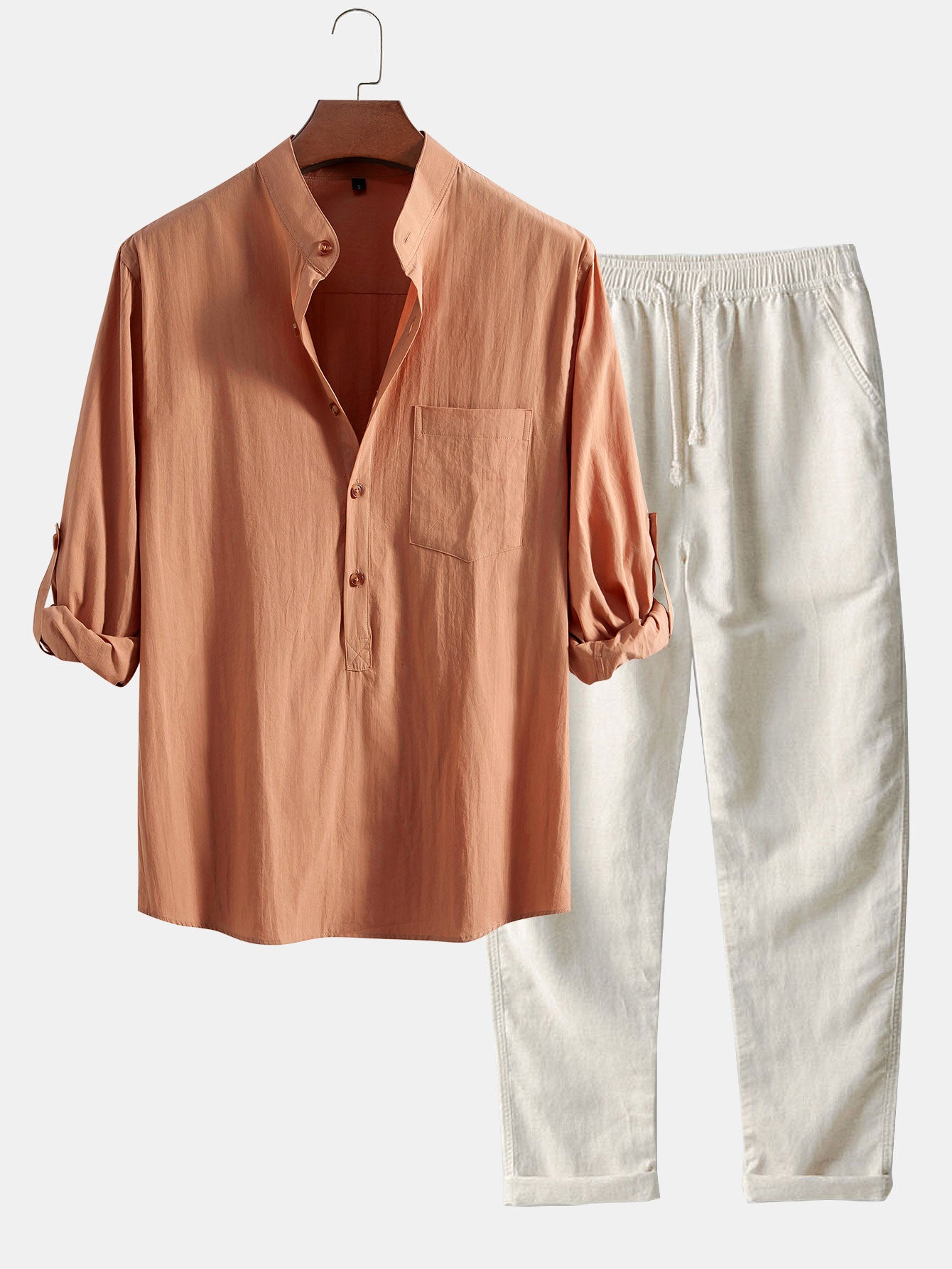 Chemise à manches longues aspect lin, col Henley et pantalon droit en lin