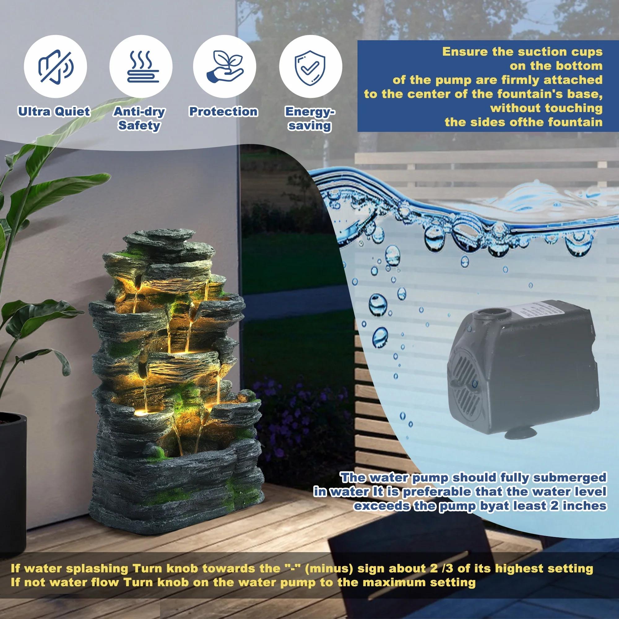 Haverchair 7 Tier Cascading Rock Outdoor Water Fountain, Garden Freestanding Rockery Natural Waterfall Fountains Outdoor with LED Light, Soothing Tranquility Fountains for Home Garden Yard, 24H