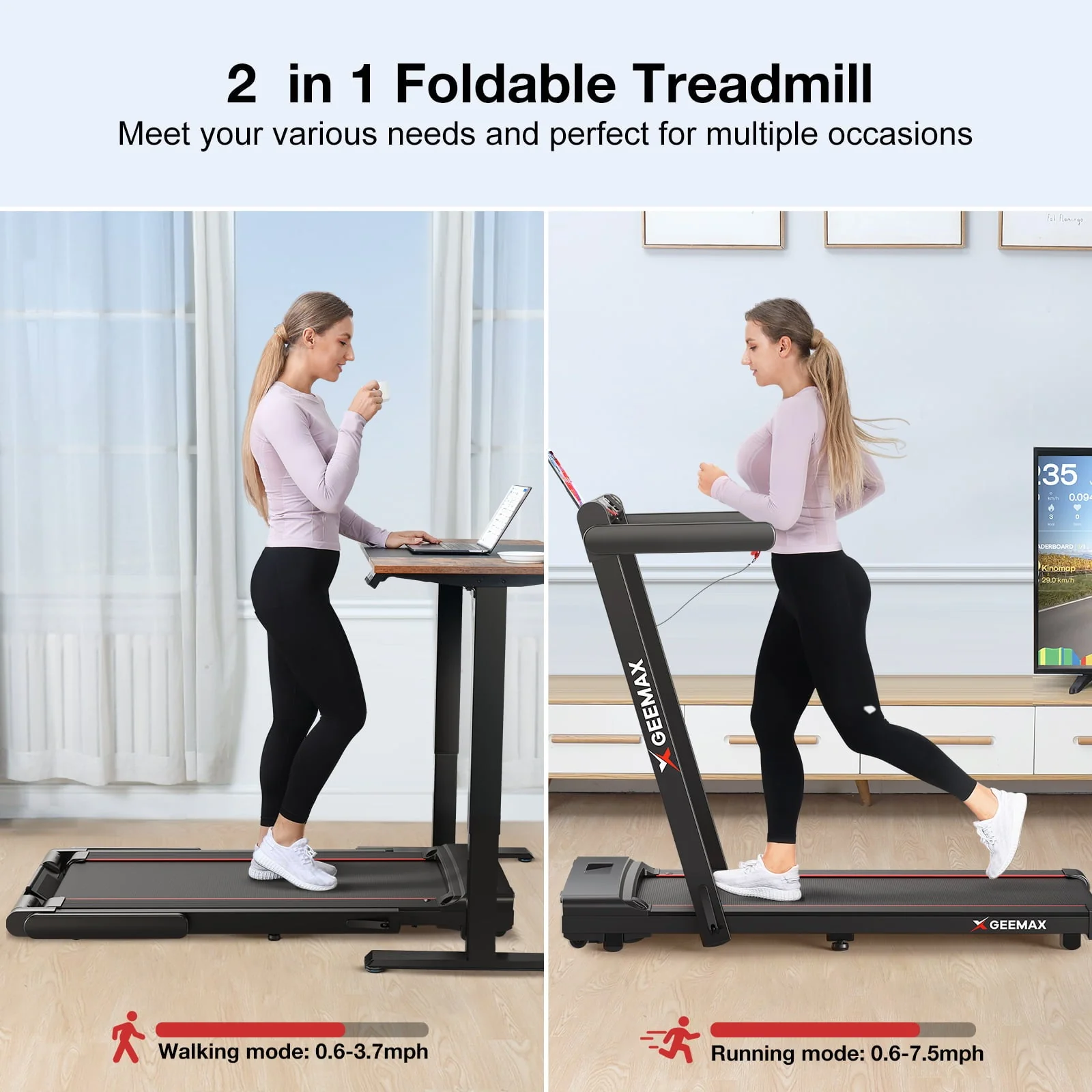 GEEMAX 3.0HP 2 in 1 Dual Display Folding Treadmill Under Desk Treadmill W/APP and 12 Pre - Set Fitness Exercise Programs & Remote Control Electric Treadmill Jogging Machine, 265 lb Capacity 0.6 - 7.5MPH