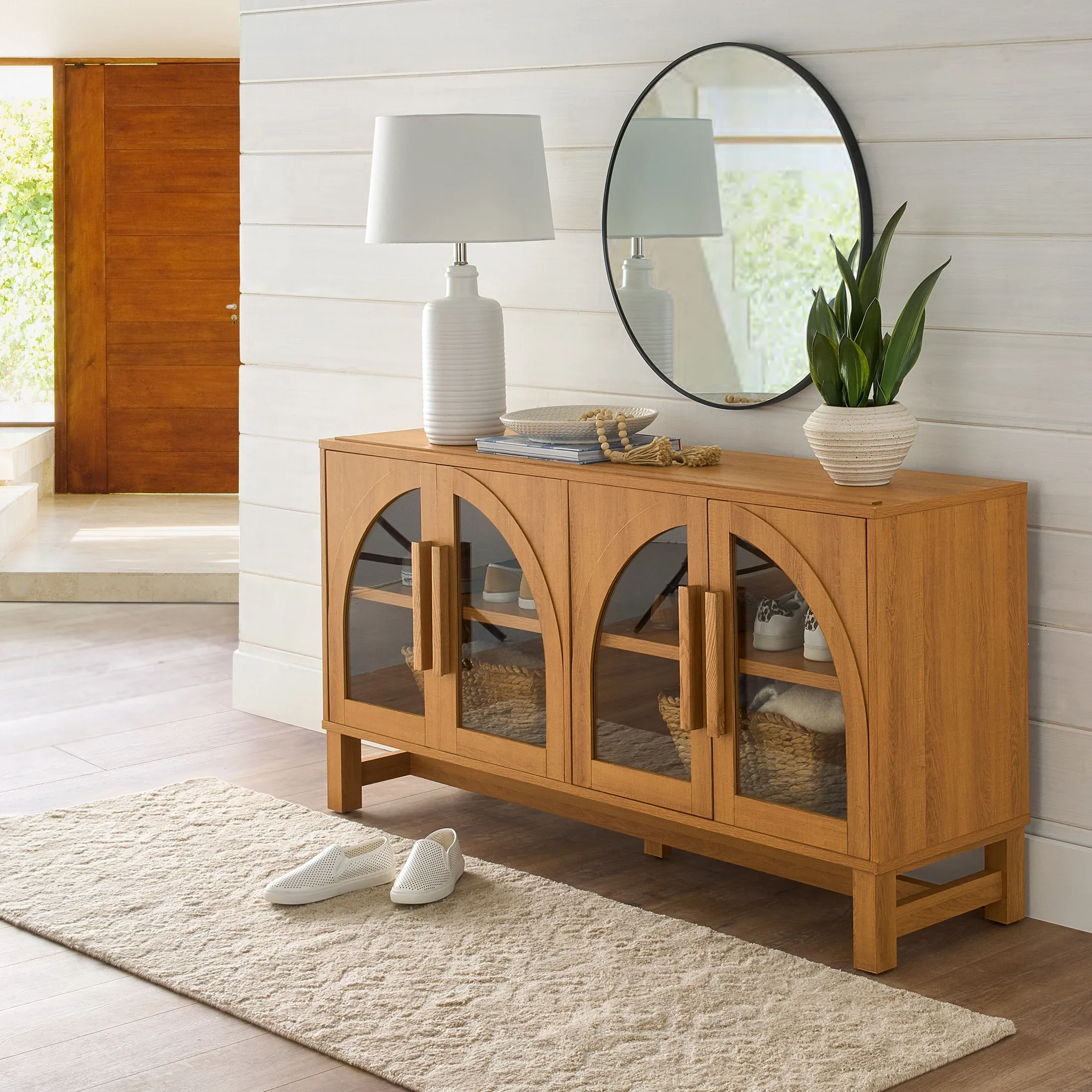 Better Homes & Gardens Juliet Arc TV Stand for TVs up to 65,  Light Honey Finish