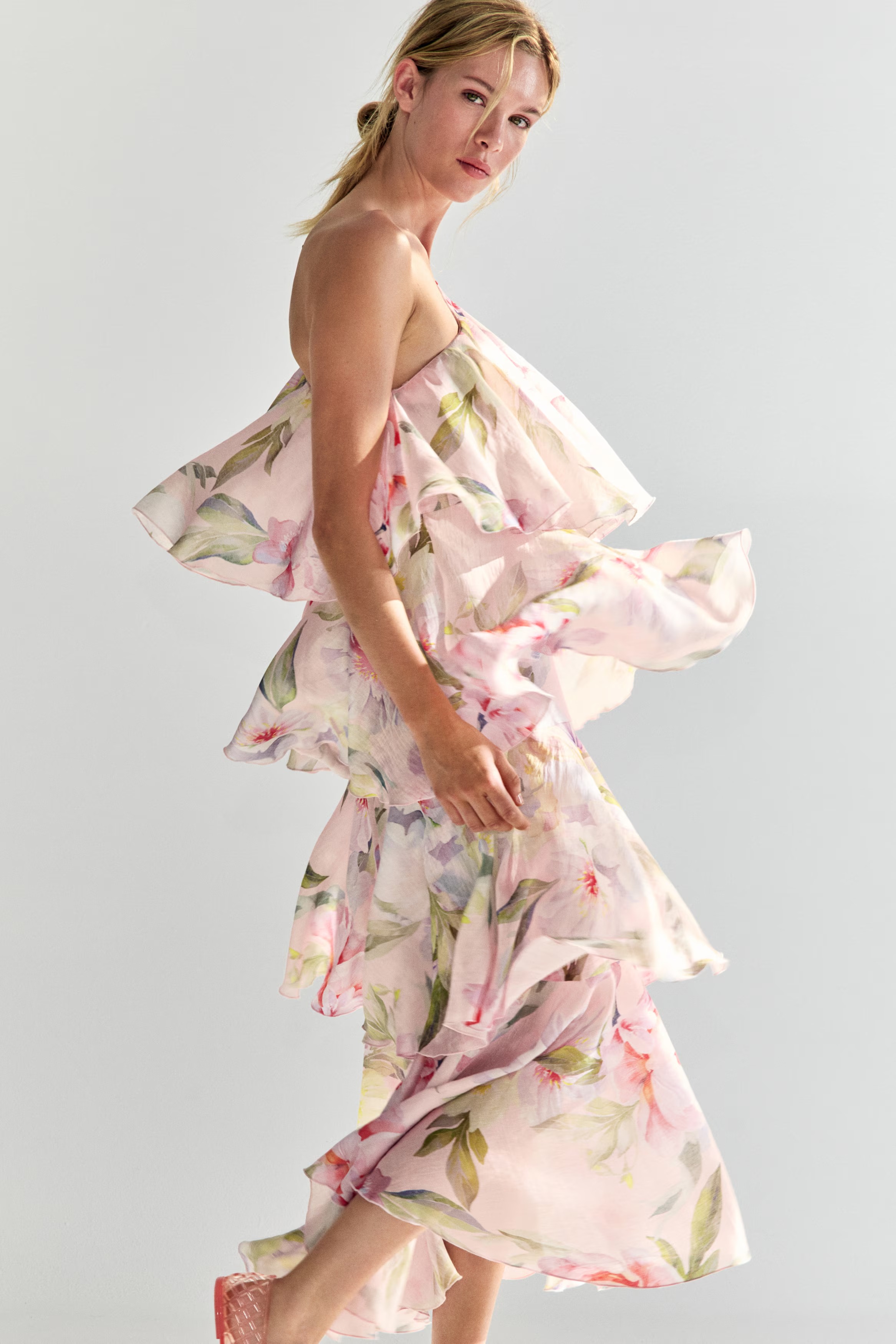 Tiered One-Shoulder Linen-Blend Dress