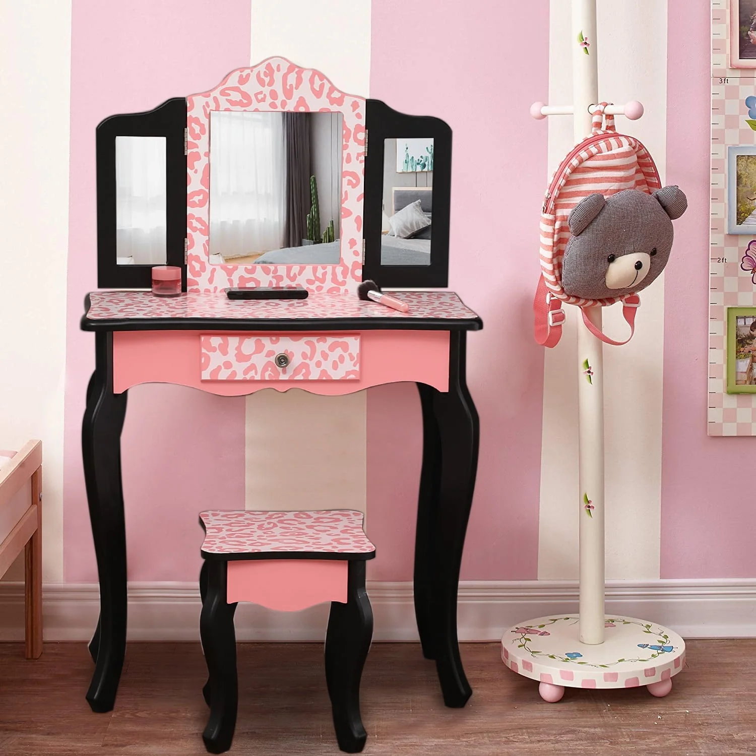 Kids Vanity Table and Stool Set with 3 Mirrors, Pretend Play Princess Makeup Dressing Table,Children's Furniture(Blue) Image 7