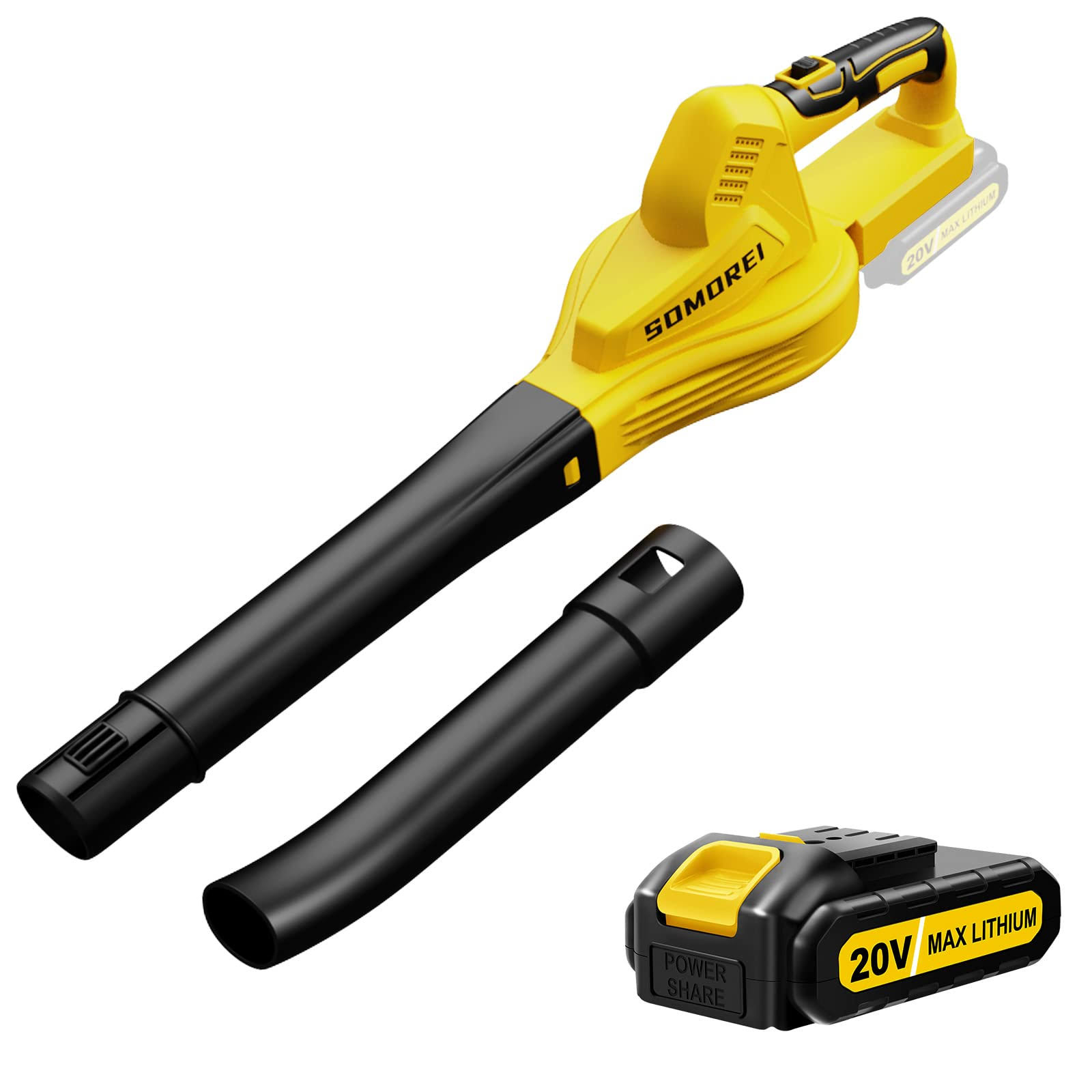 SOMOREI Cordless Leaf Blower Battery Operated: 20V Electric Mini Handheld - Lightweight Small Powerful Blower for Patio | Jobsite, Yellow