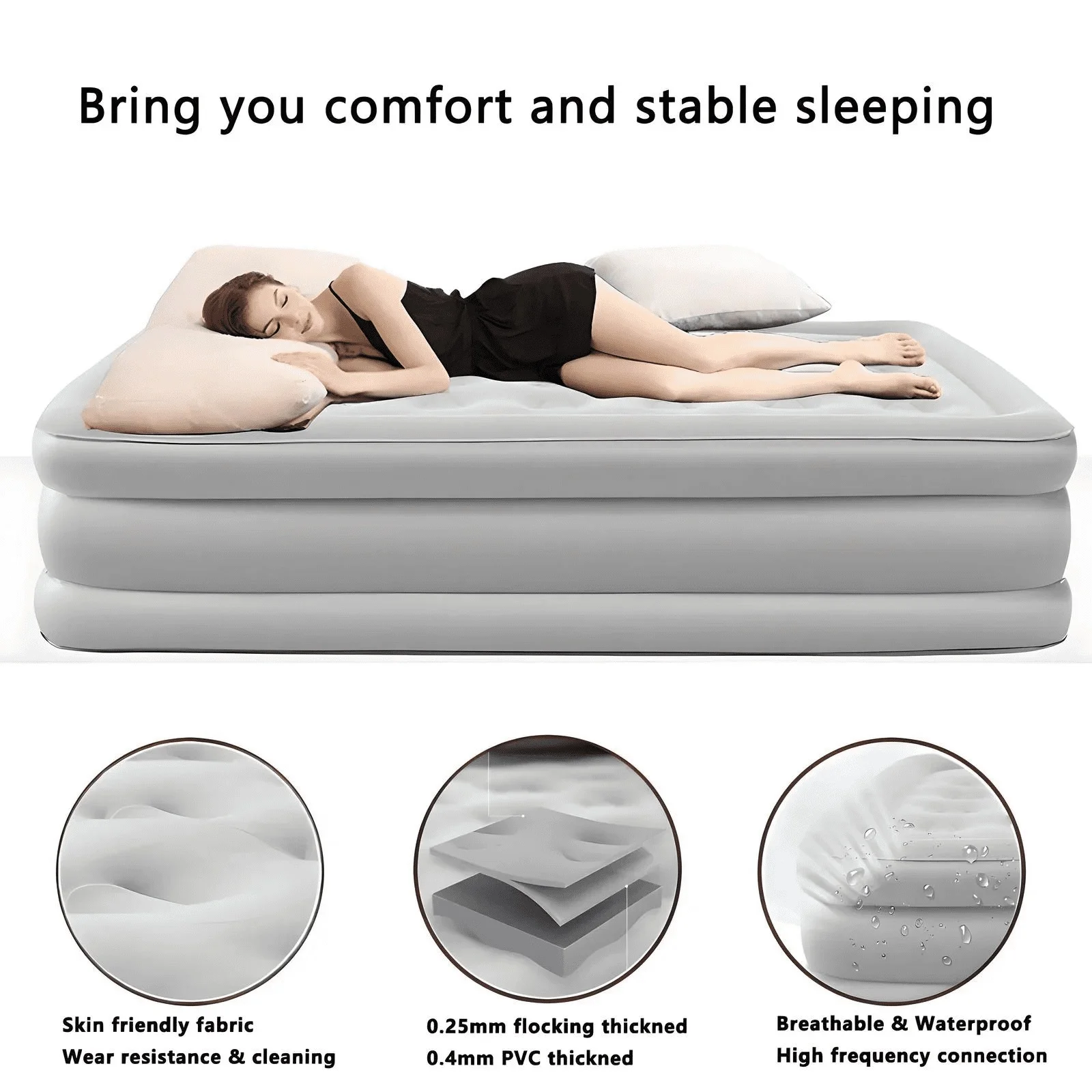 Queen Air Mattress with Backrest �C 18.9" Thick Inflatable Bed, Built-in Pump Night Light, Waterproof Flocked Top, 800lb Load-Bearing capacity (Light Grey)(Light Grey) - Image 3
