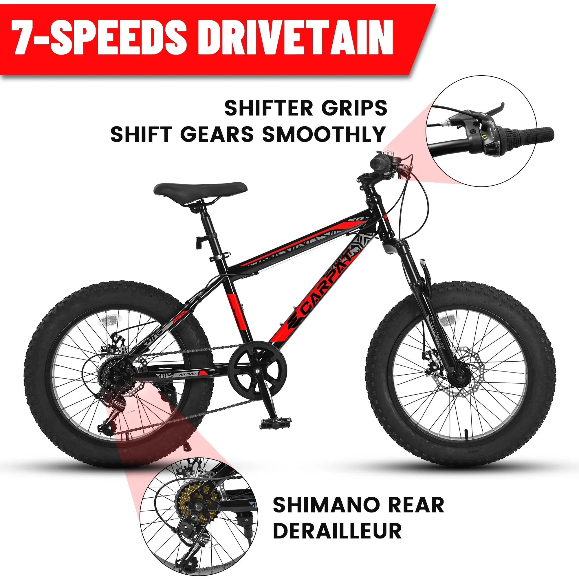 Ecarpat 20 Inch Fat Tire Kids Mountain Bike Shimano 7 Speed Dual Disc Front Suspension Bicycle for Boys Girls.