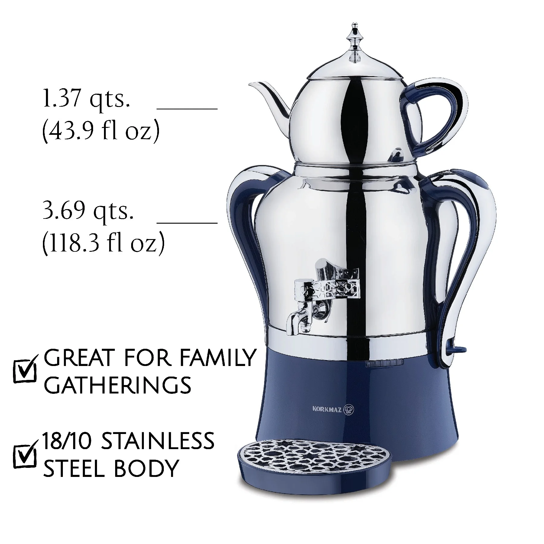 Hanedan Premium Silver 18/10 Cr-Ni Stainless Steel Dishwasher Safe Electric Tea Maker(Inox Chrome 162.2 oz (4800 mL)) - Image 6