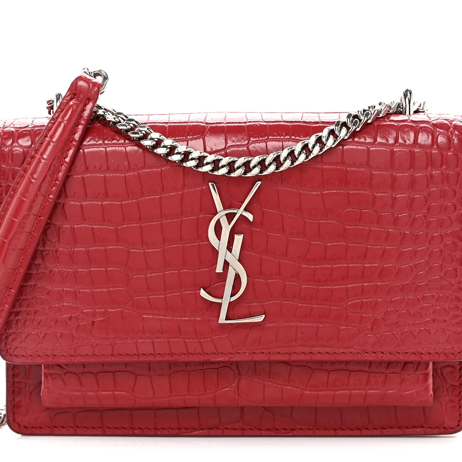 Calfskin Crocodile Embossed Monogram Sunset Chain Wallet Rouge Eros