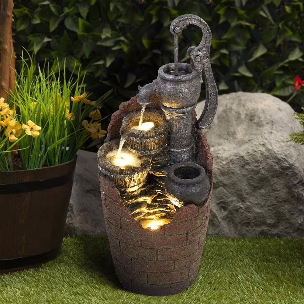 watnature 32.6' Tall Barrel Fountain with Adjustable Pump - 4-Tier Cascading Water Feature, Rustic Style Garden Waterfall for Indoor, Outdoor