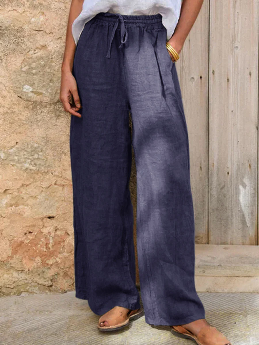 Pantalon large décontracté en coton et lin pour femmes