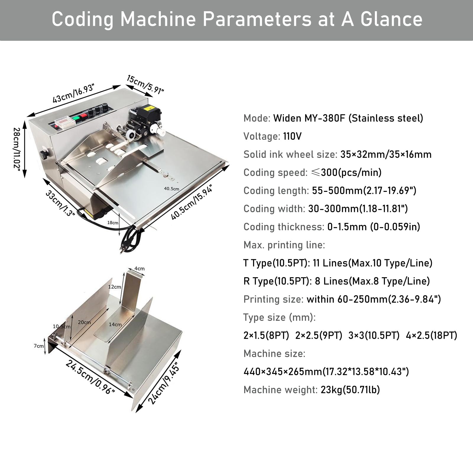 MY-380F Solid-Ink Coding Machine Automatic Coding Machine Widened Ink Wheel Coding Machine Label Coding Date Paper Printer Printing,Silver Stainless Steel Widened 110V