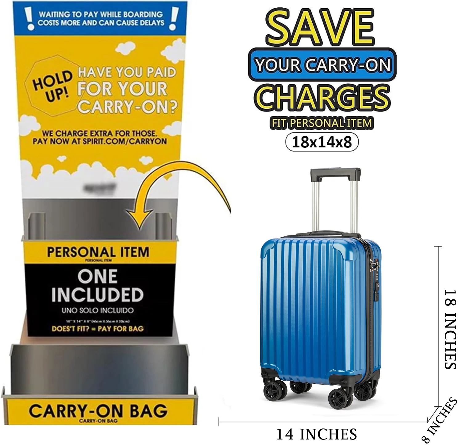 Personal Item Suitcase 18x14x8 Inches Hardside Built In TSA Lock USB Port Lightweight Luggage With Removable Silent Wheels Underseat Carry-On Bag For Spirit and Frontier and More (Blue) - Image 7