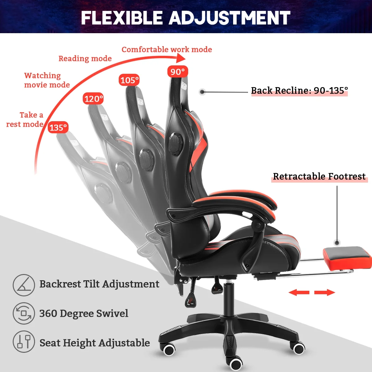 Gaming Chair with Bluetooth Speaker, Ergonomic Massage Racing Chair with RGB Lights, Footrest and Lumbar Support, High Back Office Chair, Heavy Duty Design Gaming Computer Chair(Red with Black) - Image 8