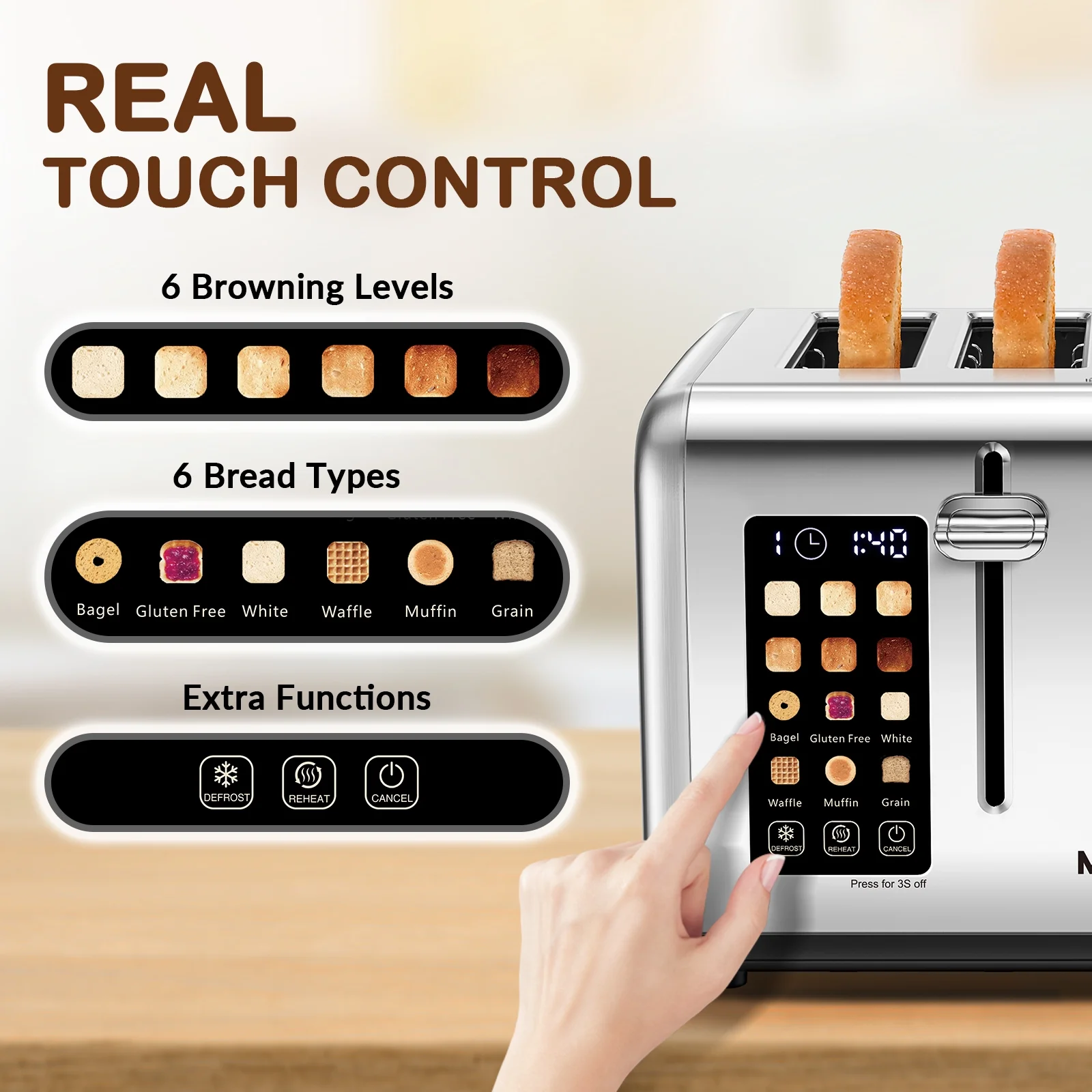 Mecity 4 - Slice Touchscreen Toaster, Stainless Steel, 6 Browning Settings, Reheat, Cancel, Defrost, Removable Tray