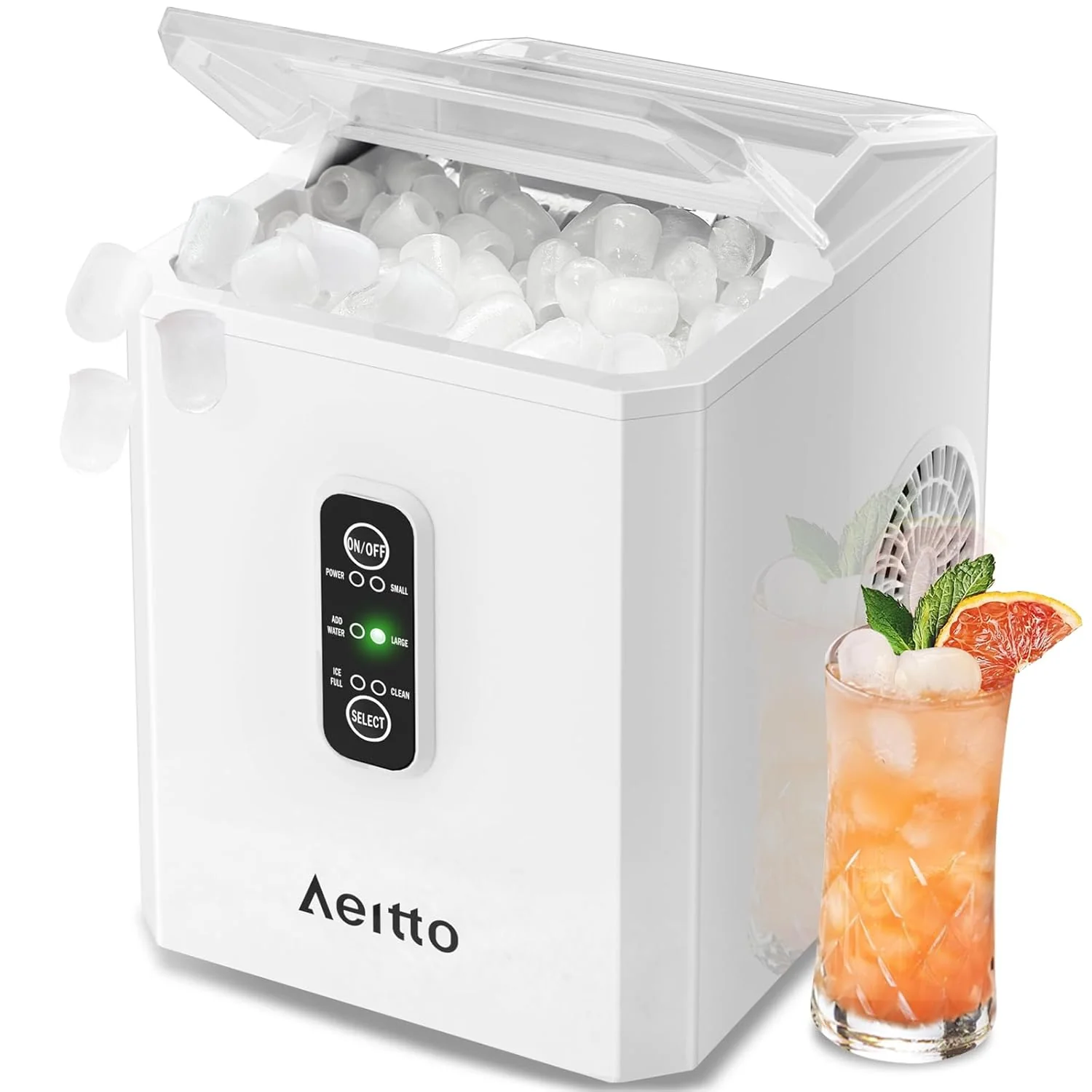 Machine à glaçons de comptoir Aeitto, 9 glaçons en 6 minutes, 12 kg/24 h, 2 tailles de glaçons, autonettoyante et portable, avec pelle et panier à glaçons, pour la maison, la cuisine, le bureau, le bar ou le camping-car, noire.