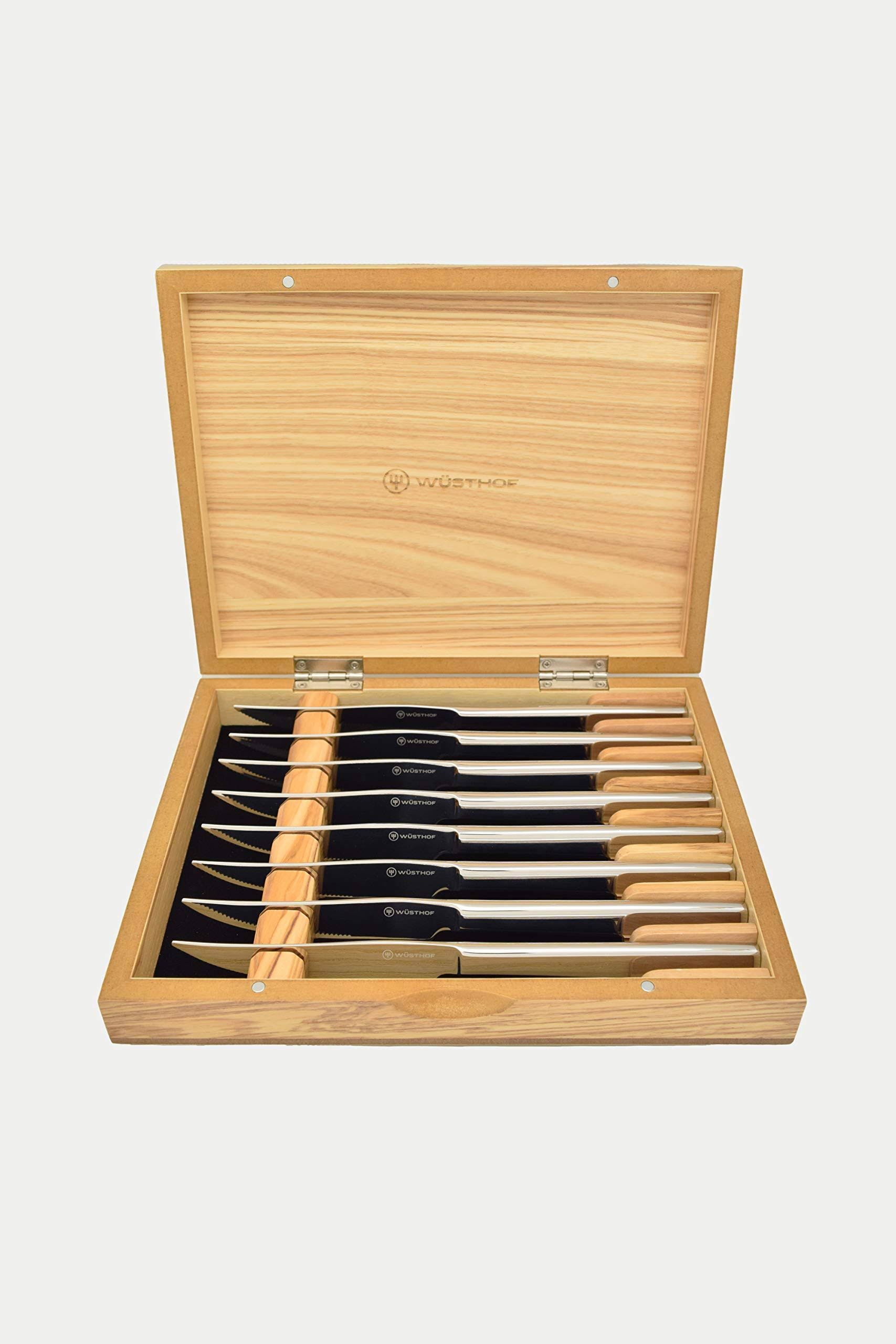 Wusthof 8-Piece Stainless Mignon Steak Knife Set, Olivewood