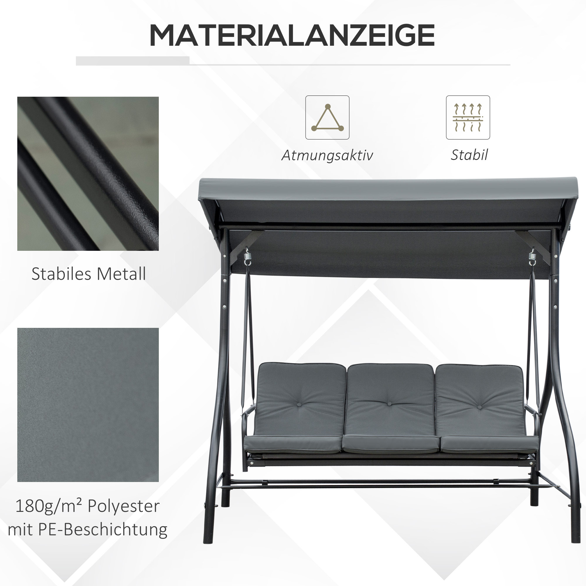 Outsunny Schommelbank Hollywoodschommel met Zonwering, Tuinschommel, Verandaschommel, 3 Zitplaatsen, Schommelbed