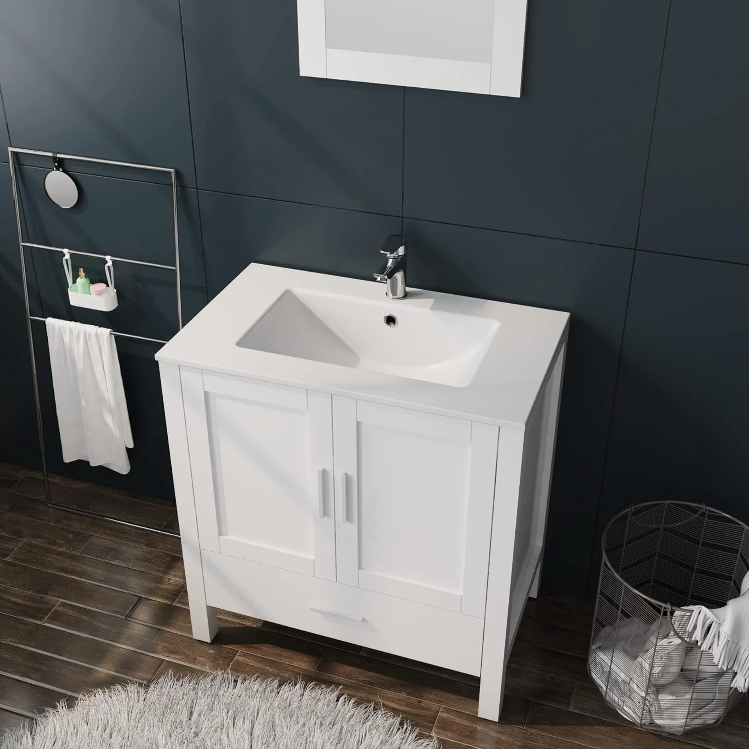 30" White Bathroom Vanity and Sink Combo Modern Drop in Sink Bathroom Cabinet with Mirror and Drain(White) - Image 3
