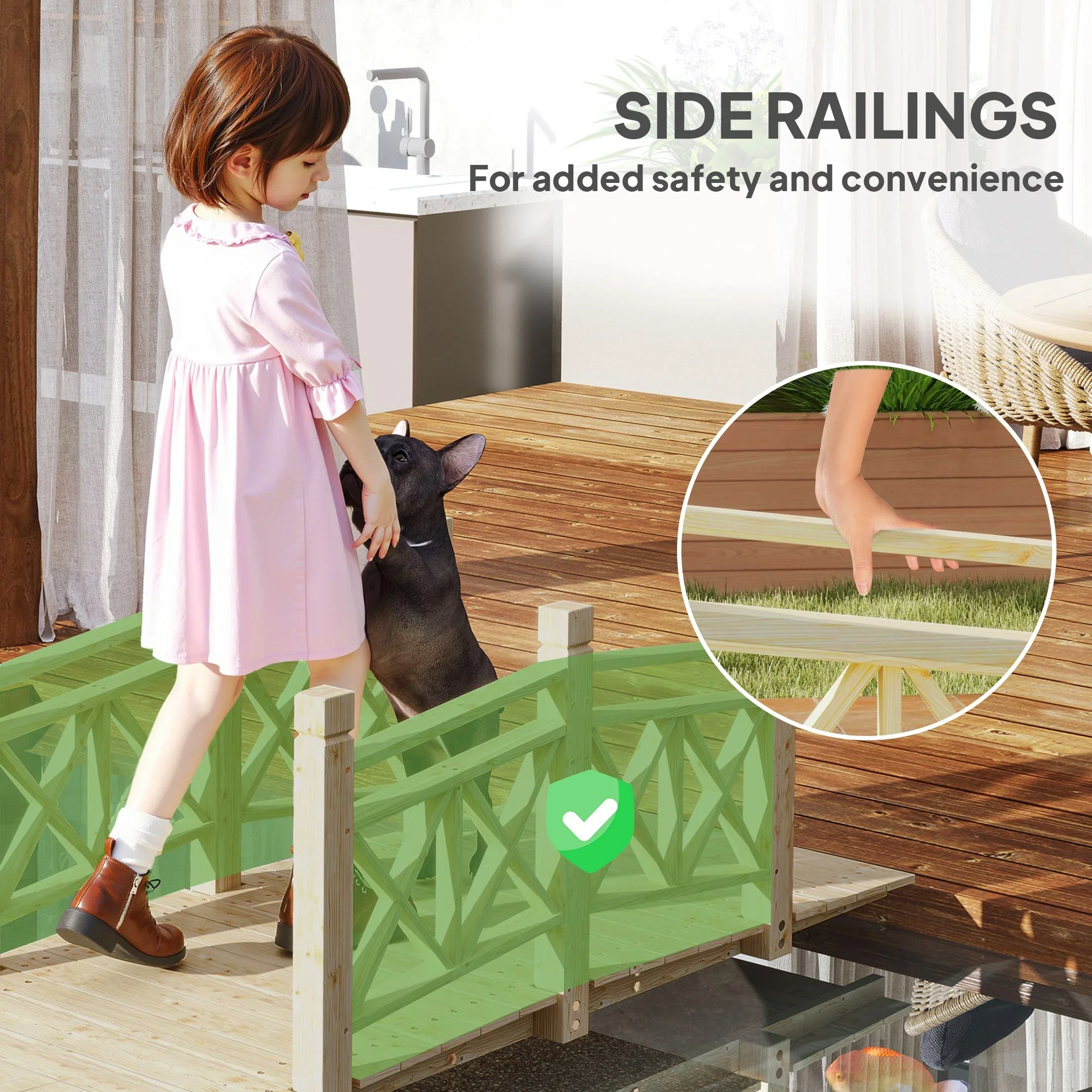 QISHENSHUI 5 ft. Sturdy Natural Wood Garden Bridge �C Premium Timber Construction with Solid Safety Handrails for Backyard Paths, Small Ponds & Garden Water Features, Carbonized