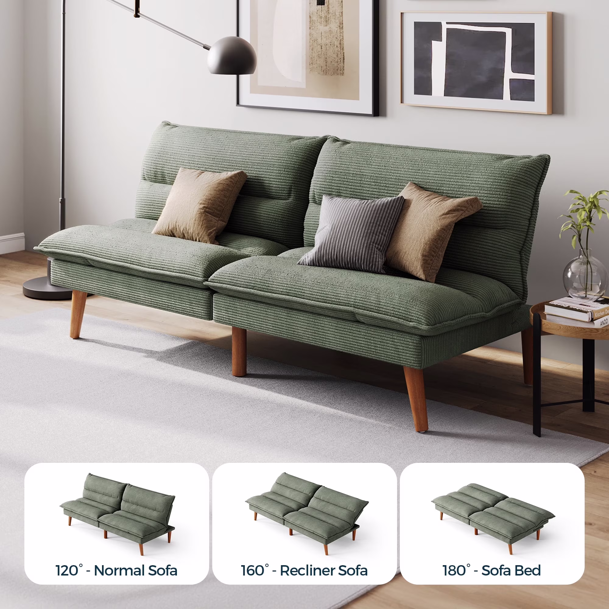 71" W Corduroy Convertible Futon Sofa Bed, Army Green(Army Green)
