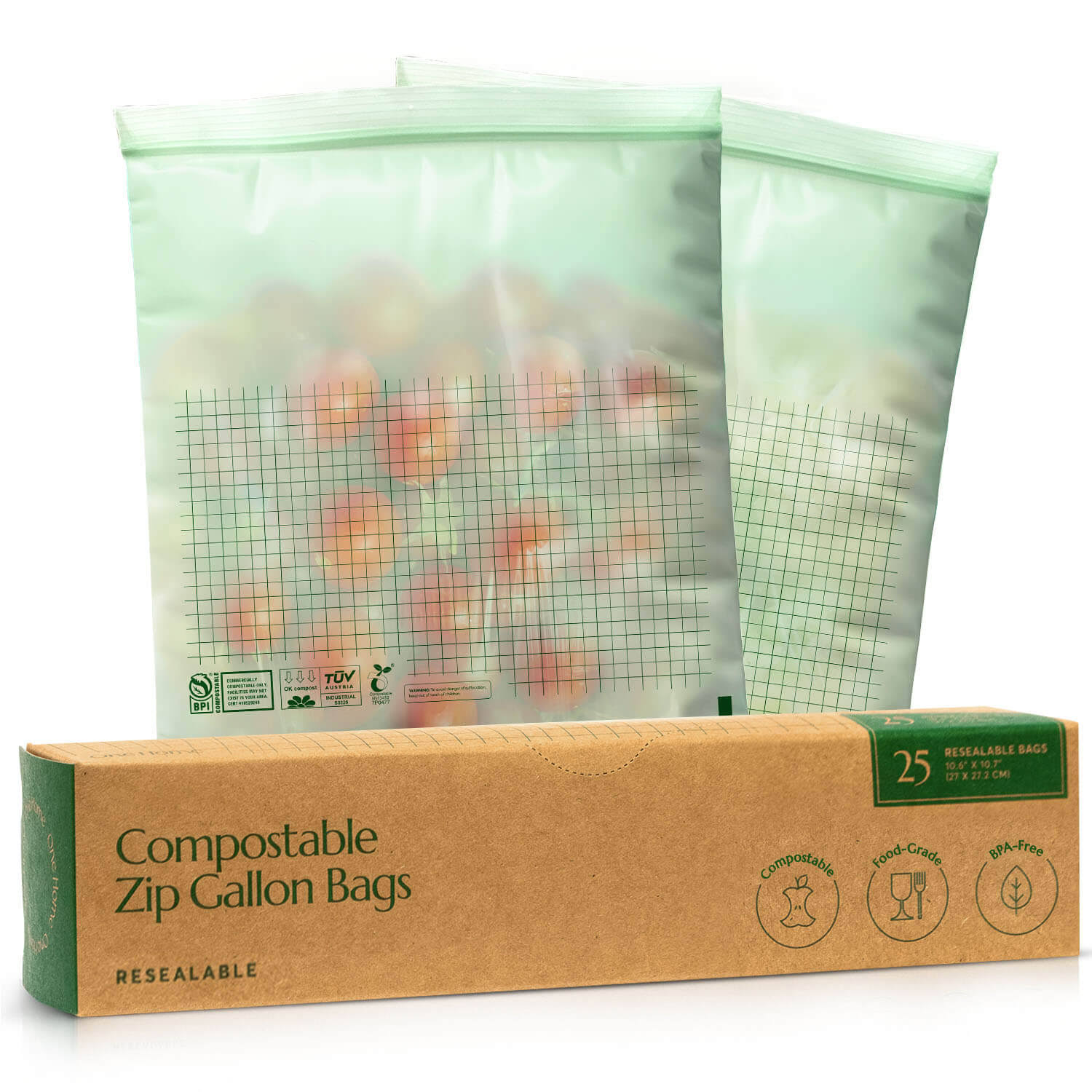 Cleanomic Compostable* Gallon Size Food Storage Bags (25 Eco Zip) Freezer and Leak Proof, Also Available Quart, Snack and Sandwich Bags