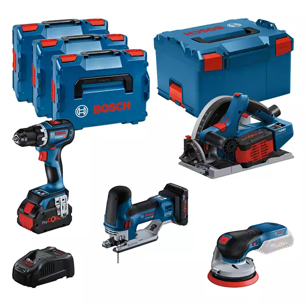Kit combiné Bosch 4 outils 18 V : GSR 18V-90C + GKT 18V-52GC + GST ​​18V-155 SC + GEX 18V-125 + 1 batterie 4,0 Ah (Procore) + 2 batteries 5,5 Ah (Procore) + GAL 1880CV (L)Professionnel