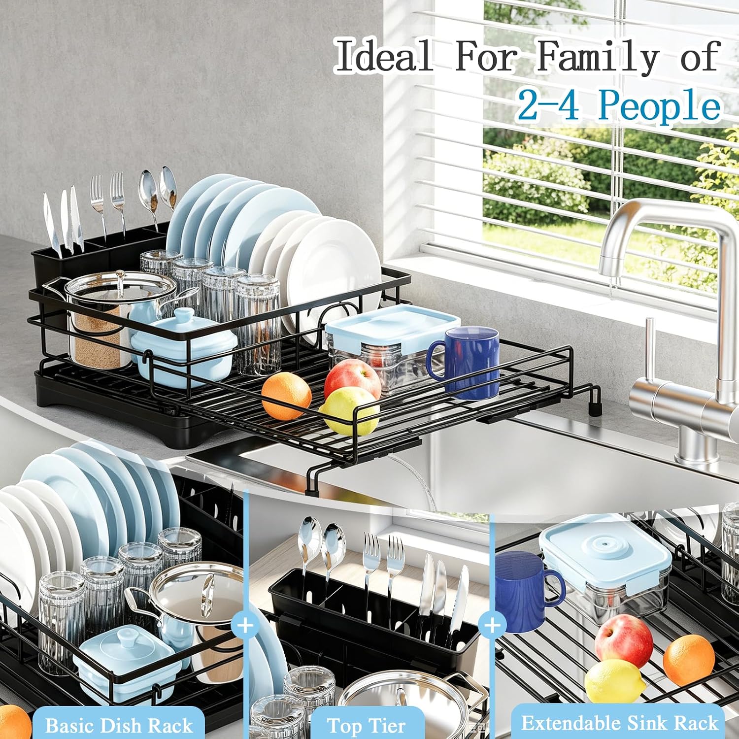 Expandable Dish Drying Rack for Kitchen Counter, Large Capacity Dish Rack with 360 °   Rotatable Drain Spout & Utensil Holder, Stainless Steel Dish Drainer for Kitchen Sink, Black