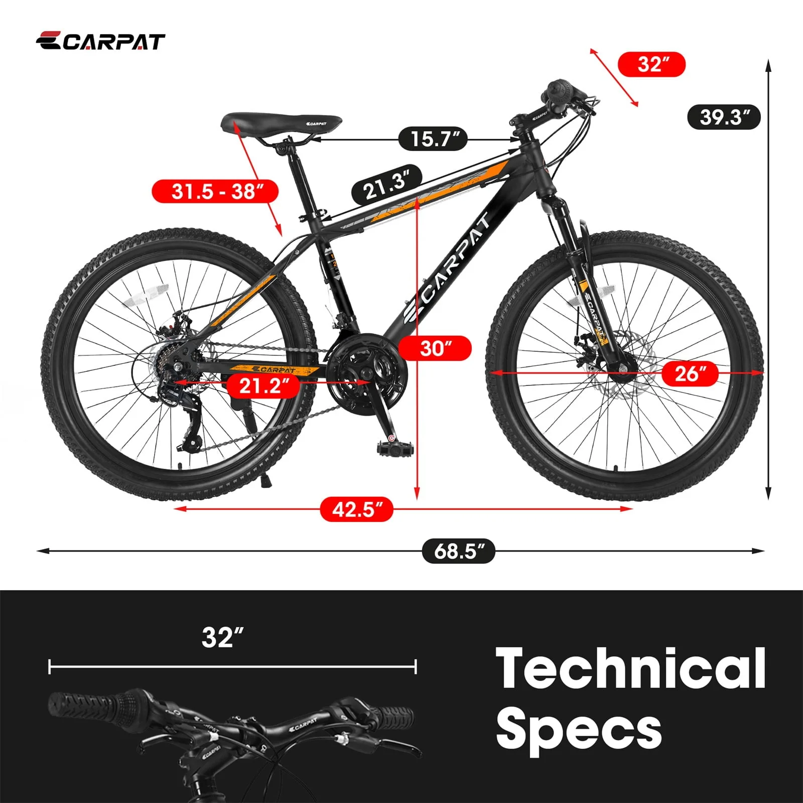 26" Mountain Bike for Adult, 21 Speed MTB with High carbon Steel Frame, Orange Image 4