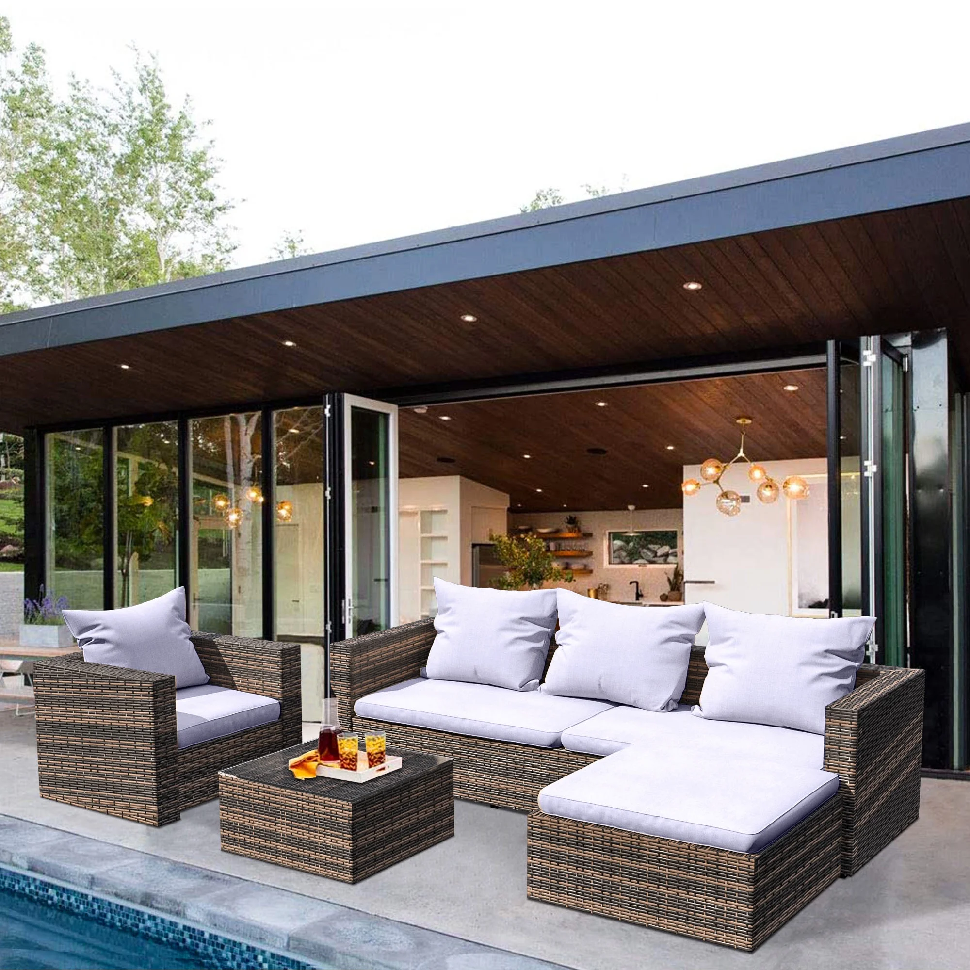 Rattan Patio Sofa Set, 4 Pieces Outdoor Sectional Furniture Set, All-Weather PE Rattan Wicker Patio Conversation Set, Cushioned Sofa Set with Glass Table for Patio Garden Poolside Deck(Brown) - Image 2