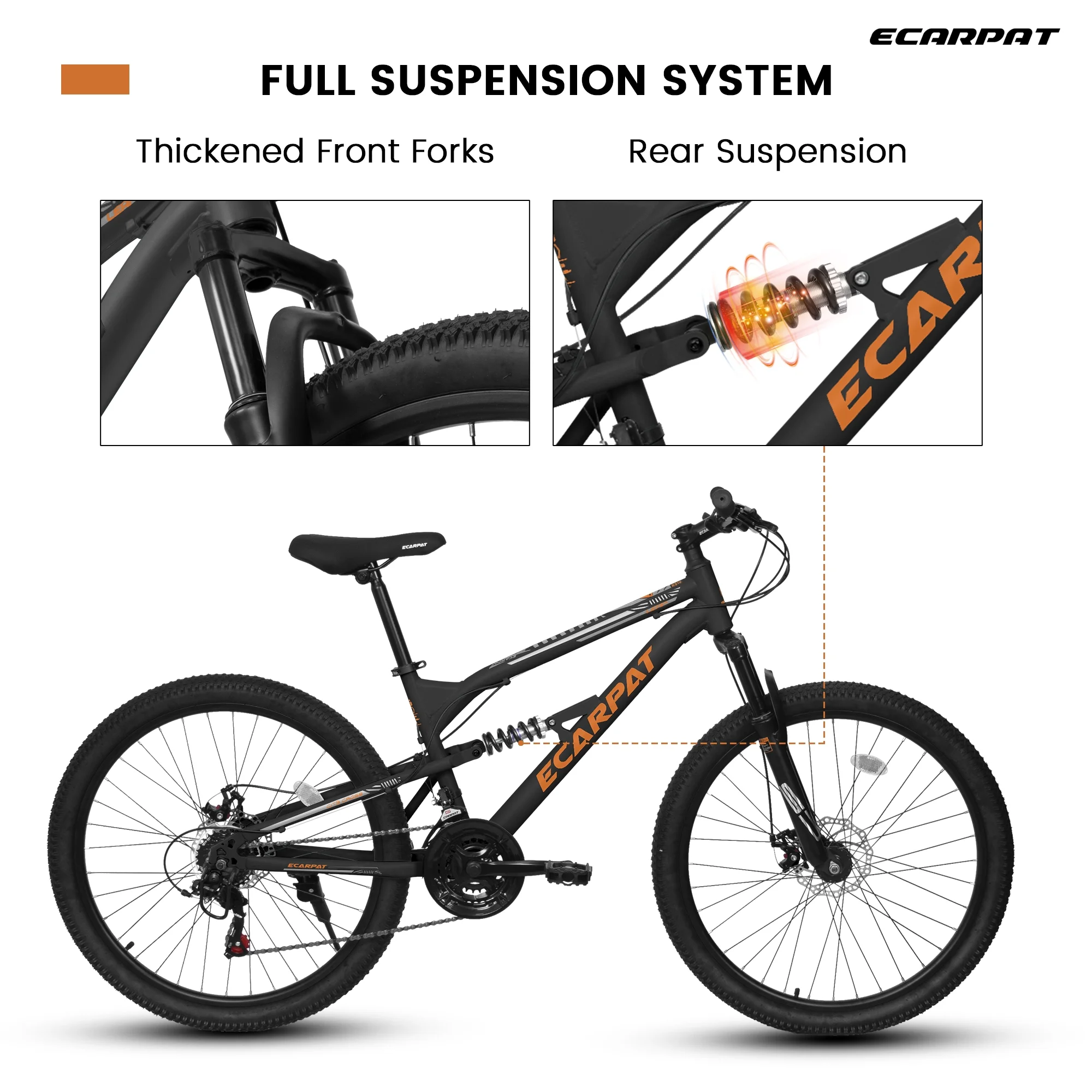 26 Inch Mountain Bike, Dual Full Suspension 21-Speed Disc Brakes Thumb Shifter, Carbon Steel Frame Mountain Bike, Mens Womens Trail Commuter City Bicycles(Black-Orange/26") - Image 2