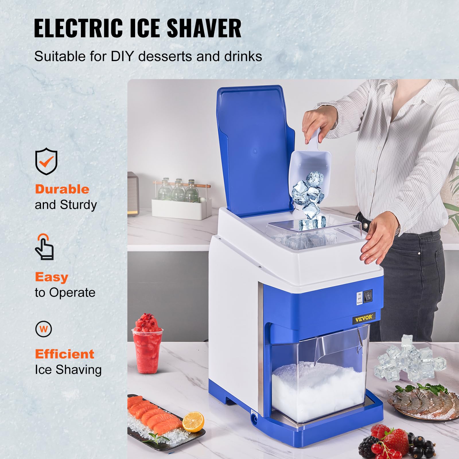 Commercial Ice Shaver Crusher, 265lbs Per Hour Electric Snow Cone Maker with 4.4lbs Ice Box, 650W Tabletop Shaved Ice Machine for Parties Events Snack Bar, Home and Commercial Use