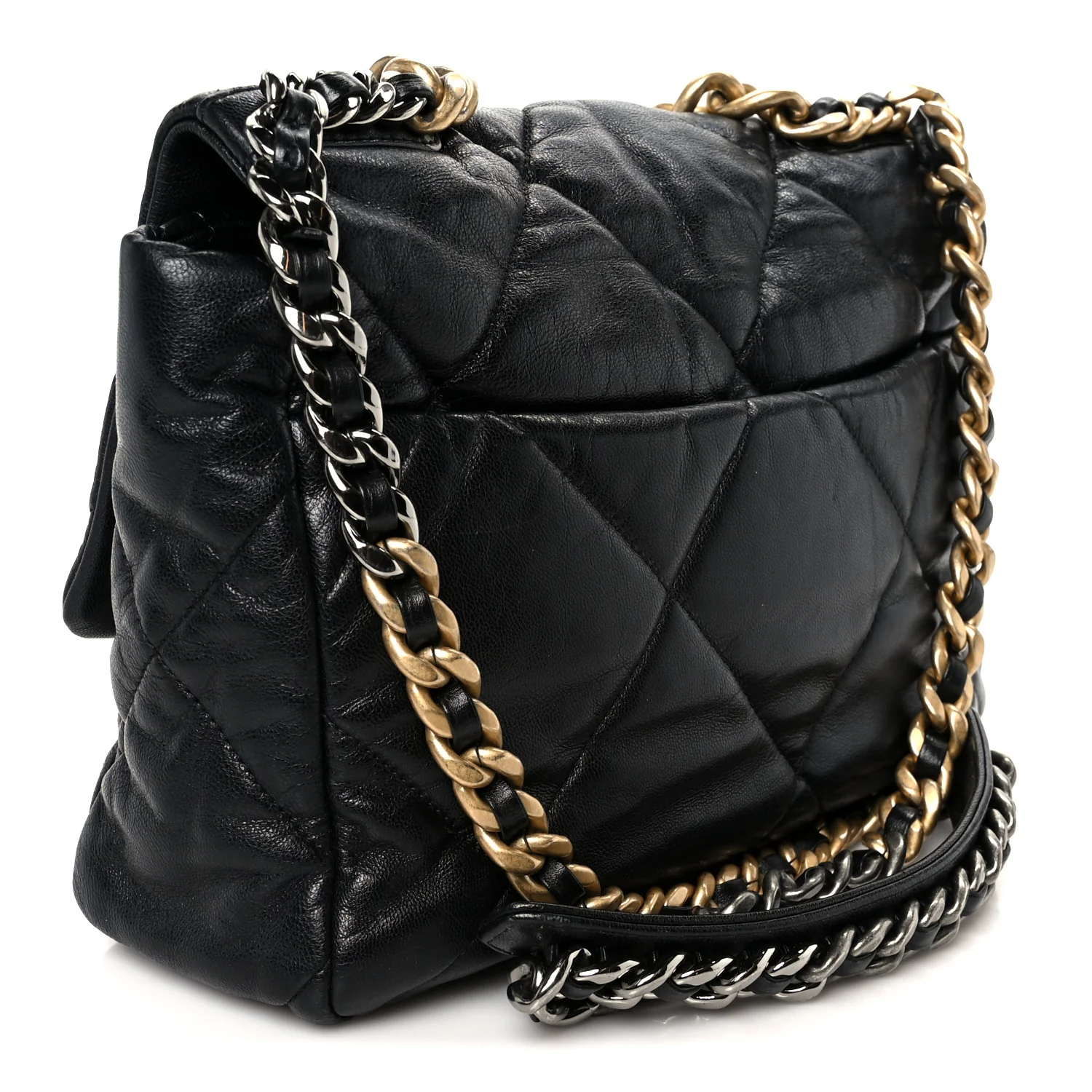 Shiny Goatskin Quilted Large Chanel 19 Flap Black