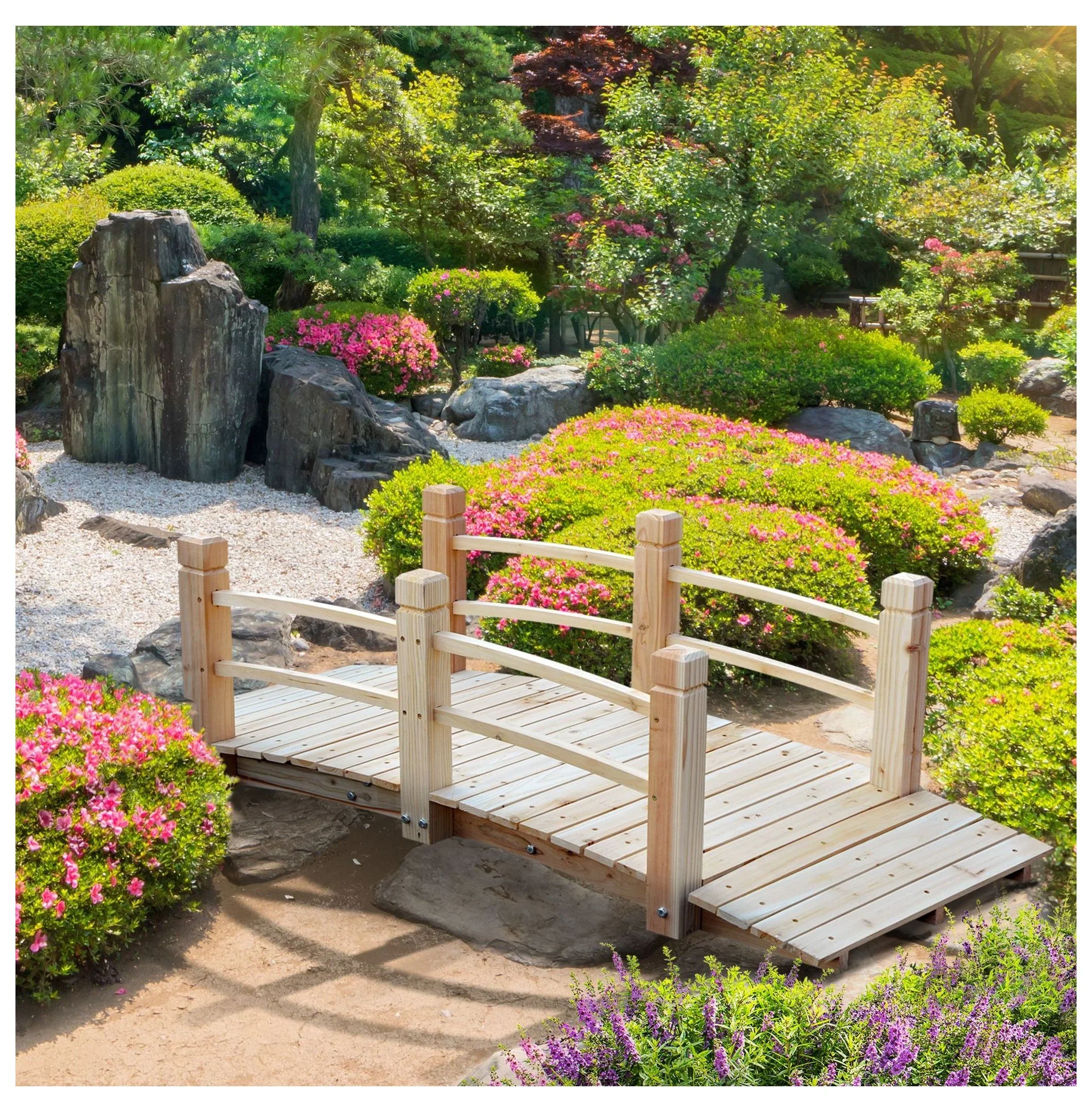 5 ft Wooden Garden Bridge Arc Footbridge with Railings - Natural Wood Backyard Decor