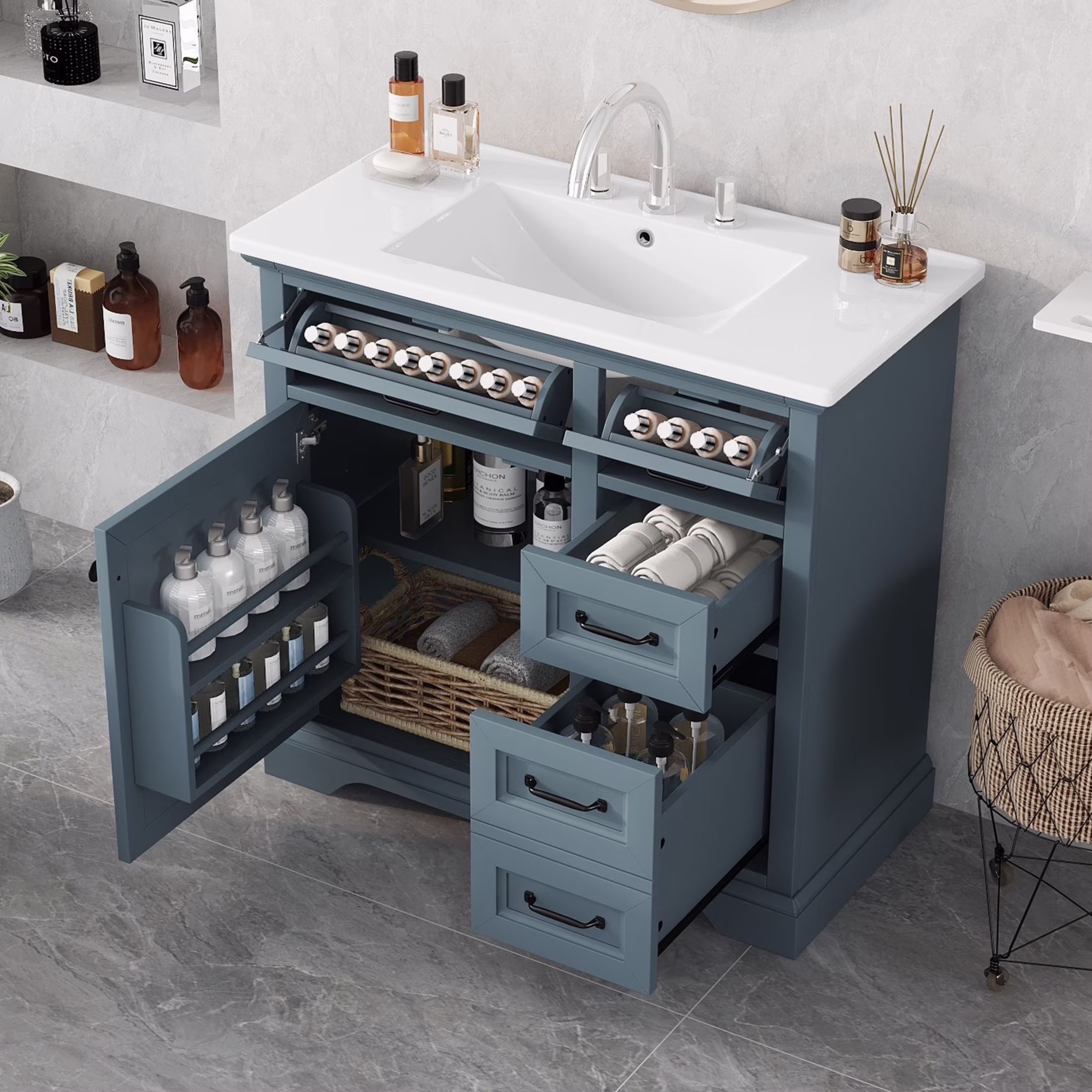 36" Bathroom Vanity with Sink, Tip-out Drawers, Soft-Close Doors, Grey(Grey) - Image 3